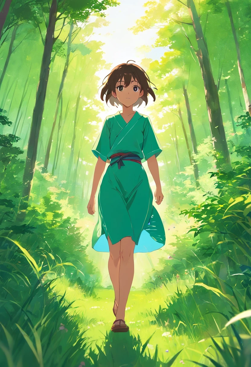 On a green meadow,There was a girl standing,Leading a group of knights。 Breaking She guides them to their destination with a brave expression。 Broken behind her,A green forest stretches out,Mountains in the distance。 Breaking the effect that best suits this scene is the watercolor technique,to capture the softness of the grass and the fluidity of movement。