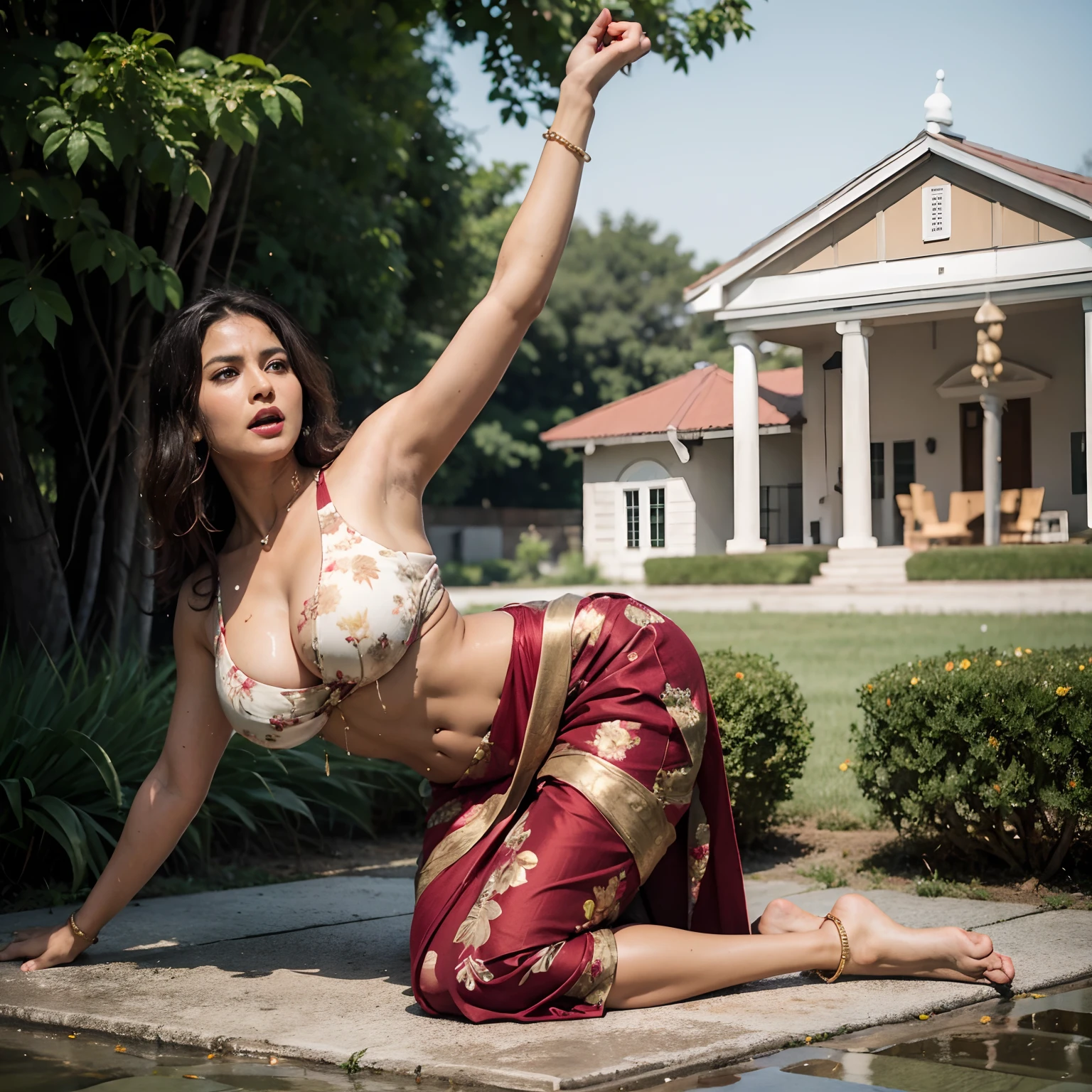 Full body view, fit milf 30 year old, rounded breast, thick ass, six abs, long legs, ethnicity white, skin color light brown, dark hair, Short Blonde Mess hair , face angry, eyes big open, sexy, wet, Floral Shirt red black saree, golden sandals, decollete, gold & pearl Jewellery, 4k , realism, masterpiece, background farm field