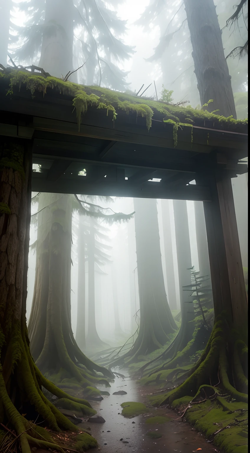 landscapes、Sea of trees、foggy、Nature seen from below、A relic that fell to the ground and grew moss
