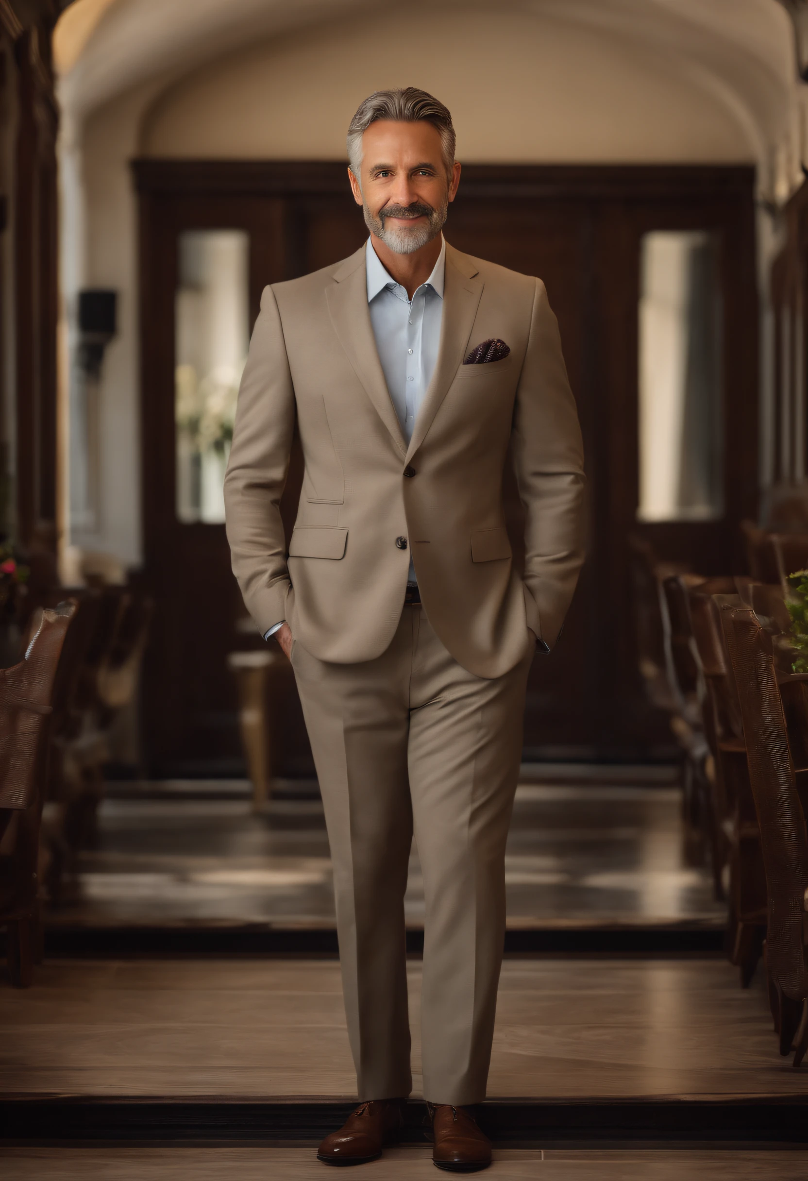 realistic image of middle-aged business professional, 100 ponds of weight, professionally dressed in a suit and tie, high-quality, highest resolution, standing position, hands down, professional, beautiful detailed slightly brownish eyes , beautiful detailed lips, short beard, graying short hair, kind expression, warm smile, distinguished look, proper lighting, plain background, clean image with no blurry effect, ultra-detailed texture,masterpiece:1.2
