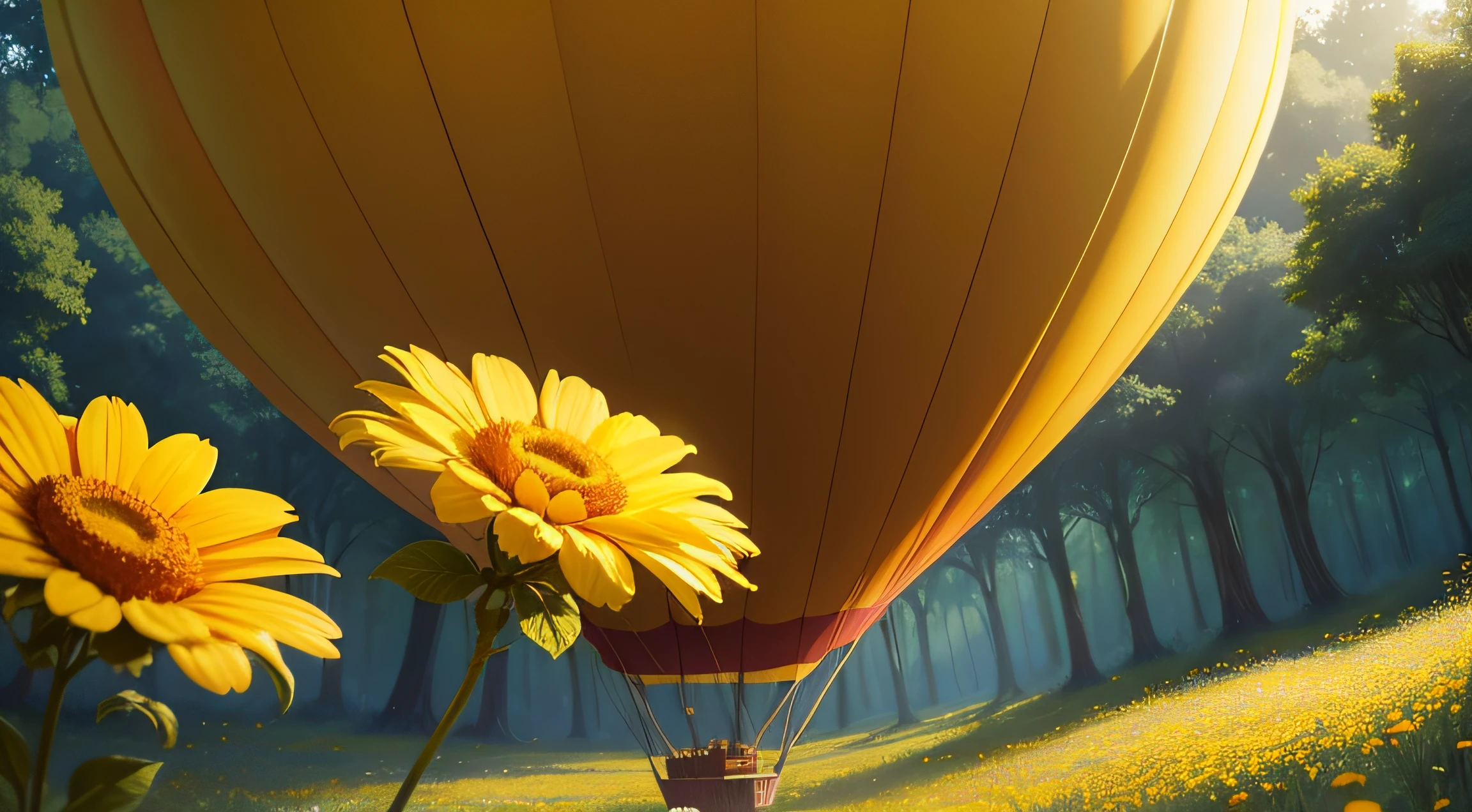 close up of a yellow air balloon in a verdant forest, pixar style, high quality, amazing sunray, pretty flowers around, orange flowers around