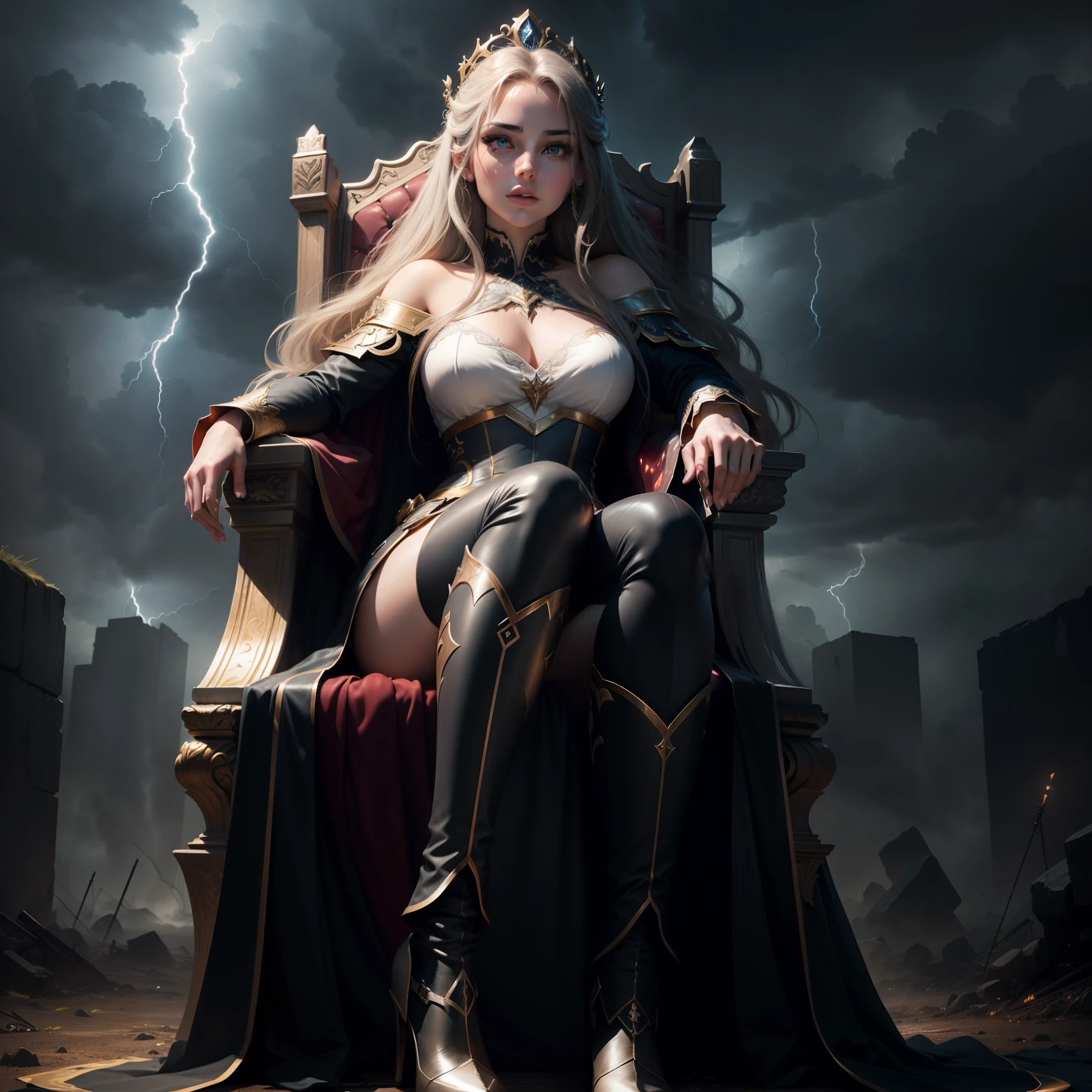princesse sexy face glowing eyes face portrait with thunder storm Epic full body outfit sitting inGreat Legendary throne hyper realistic super detailed Dynamic pose Dynamic shot master piece