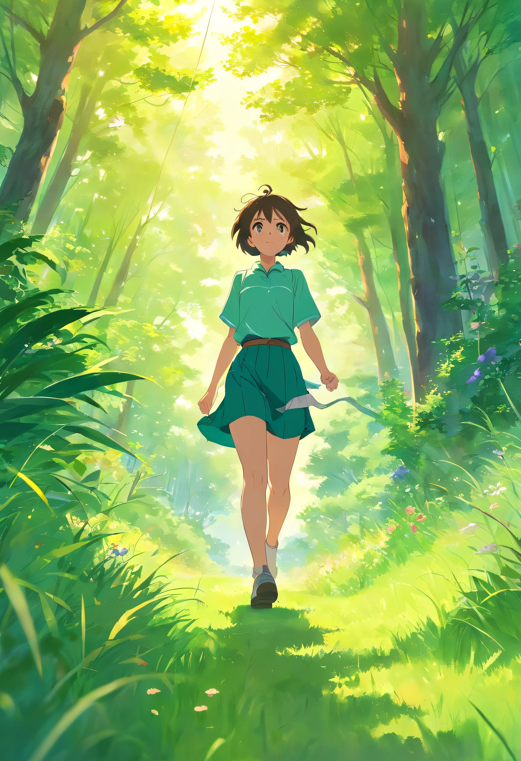 On a green meadow,There was a girl standing,Leading a group of knights。 Breaking She guides them to their destination with a brave expression。 Broken behind her,A green forest stretches out,Mountains in the distance。 Breaking the effect that best suits this scene is the watercolor technique,to capture the softness of the grass and the fluidity of movement。