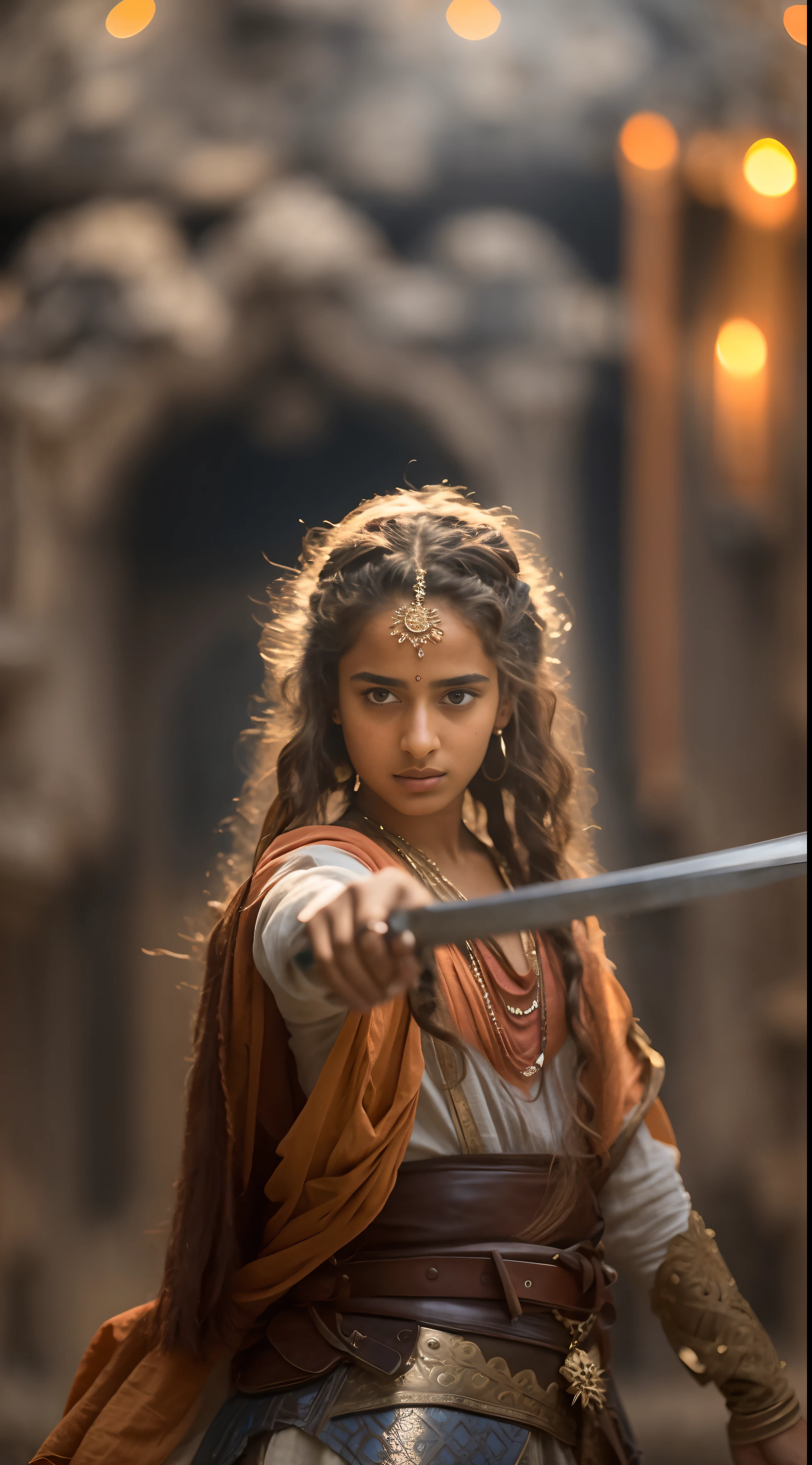 Foto RAW, foto retrato do rosto da bela 26 y.o mulher, cara bonito, a woman dressed in armor holding a sword, by irakli nadar, beautiful little girl, video, indian super model, alicia vikander, princess 'kida' kidagakash, beautiful young catgirl, mahira khan as a mage, imaan hammam, beautiful cinematic, little girl, ani, indian goddess, sombras duras, Cinematic Shot, dramatic lighting