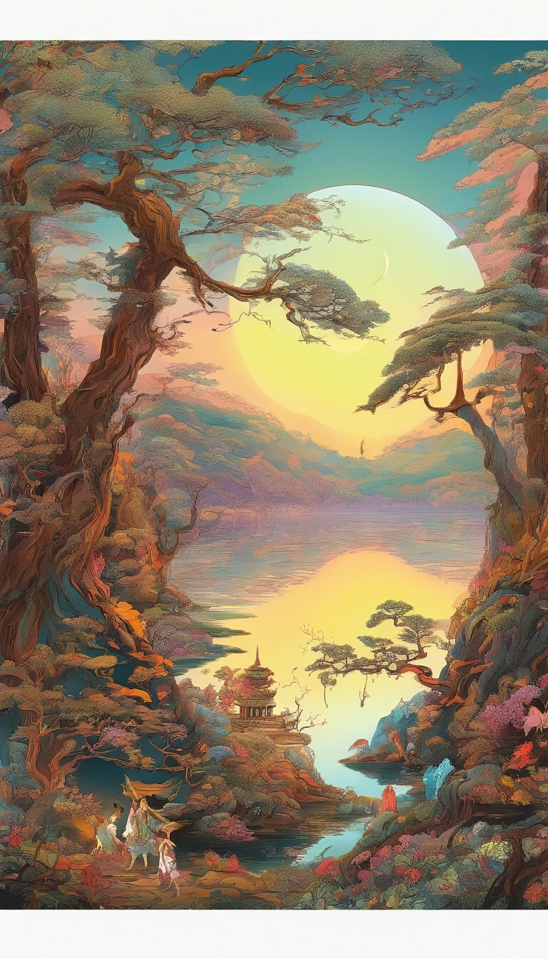 (Tang Feng),(Precipitous cliffs illuminated by a huge moon),Sky Blue Fluorescence,(Taolin),(Lake Mirror),Ultra-long viewing angle,Early morning background,shush