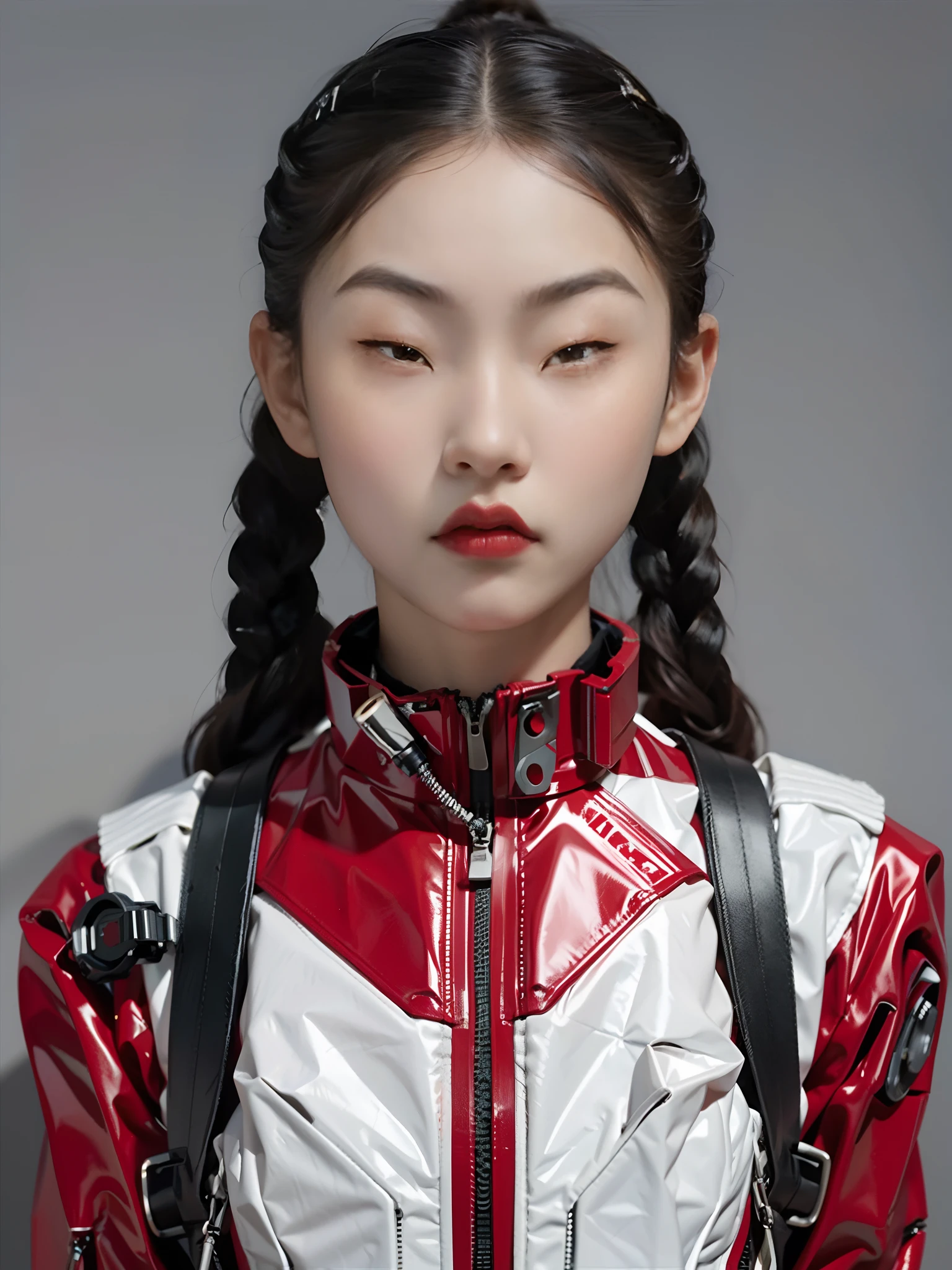 1 beautiful woman,Wearing a red PVC mech,bulletproof vest,Twist braids,cyber punk perssonage,greybackground