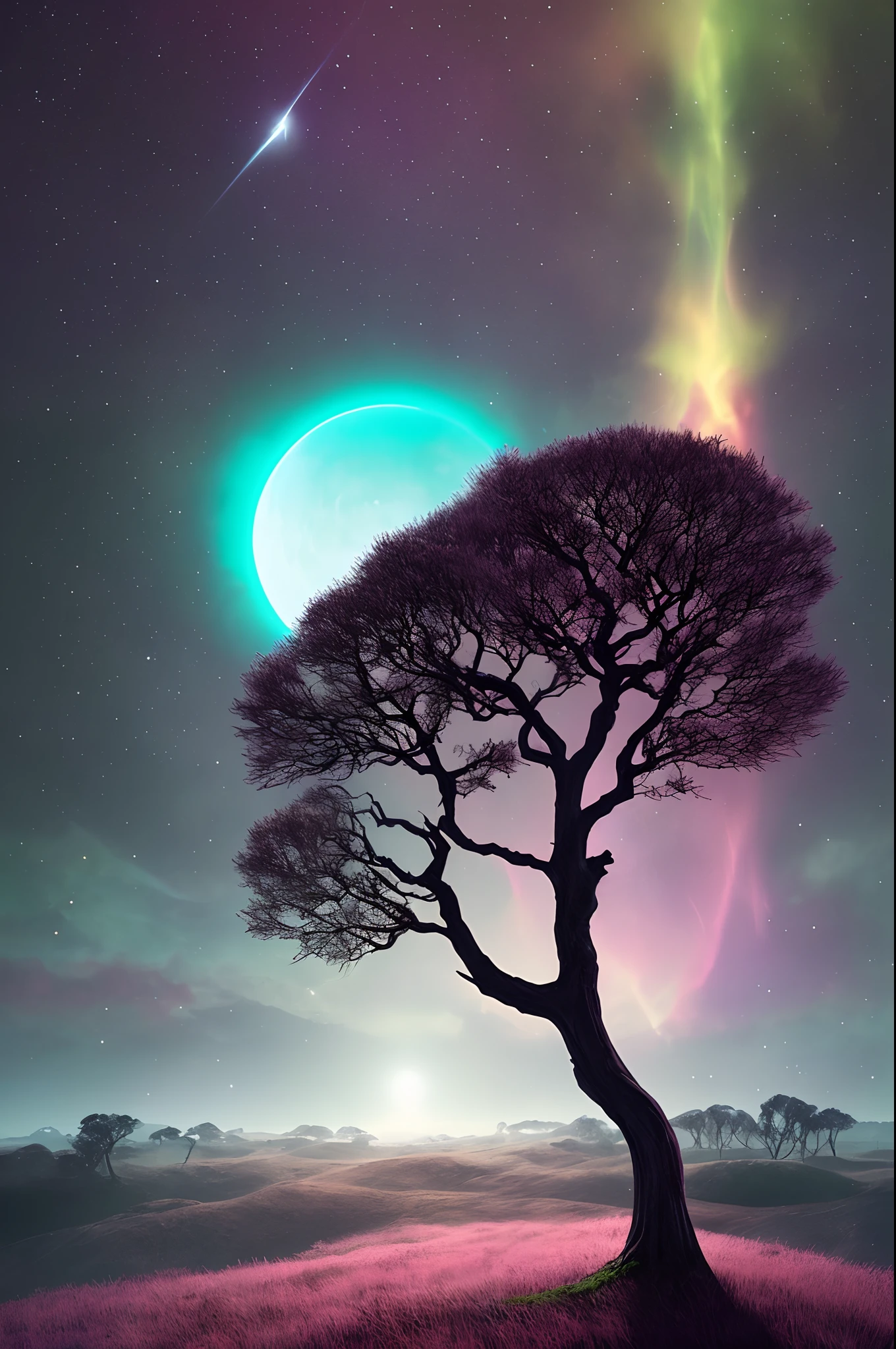 Claro, Here's a prompt for a t-shirt print:

**Description of the print:**

A T-shirt print depicting a distant alien planet with surreal landscapes. The planet is characterized by having purple skies and three giant moons that hover over the horizon. Nas margens de um lago, There are bioluminescent trees that cast a magical light on the scene. No lago, reflete-se um conjunto de montanhas que brilha sob a luz das luas. Em primeiro plano, There's a mysterious figure wearing a robe and exploring this alien world. The print creates a sense of wonder and adventure in an exotic setting.

This print may appeal to sci-fi enthusiasts, fantasy lovers or anyone who appreciates an alien and magical aesthetic. Be sure to work with a graphic designer to turn this idea into a high-quality print.