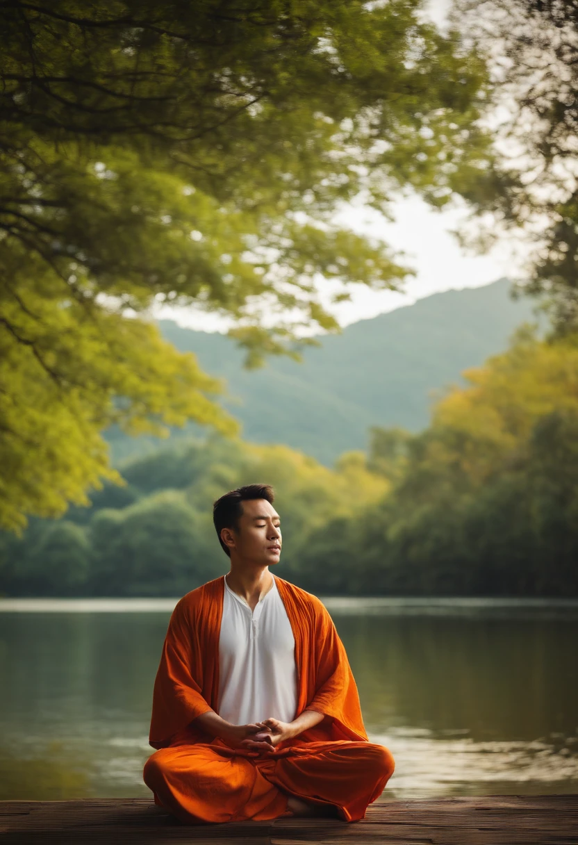 Meditating Man、loose outfit、The background is nature