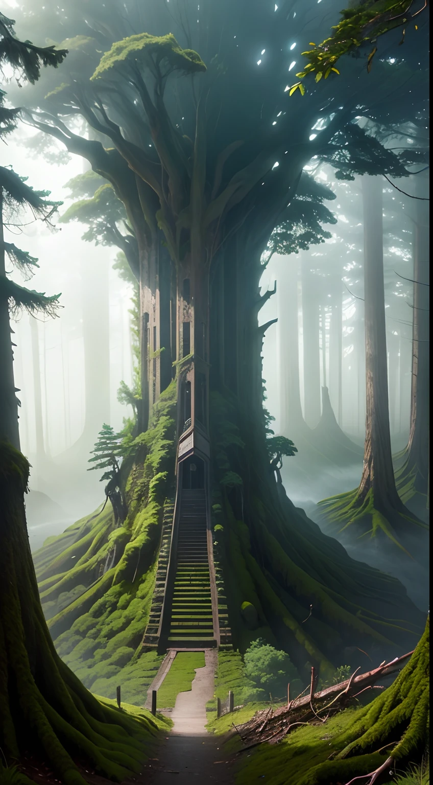 landscapes、Sea of trees、foggy、Nature seen from below、A relic that fell to the ground and grew moss