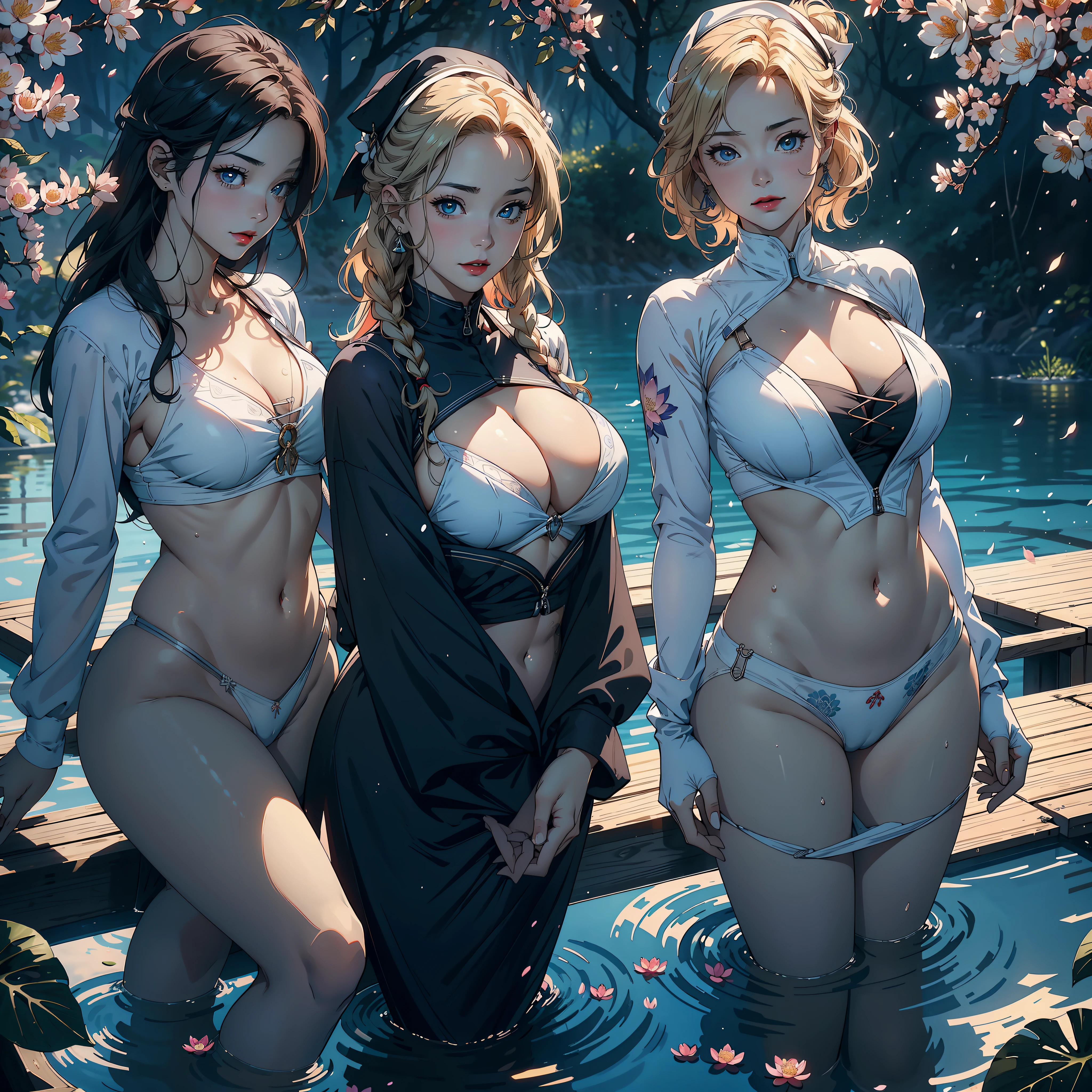 3 females,Stand in a row,Beauty contests,sexyposture,Married Woman,A MILF,熟妇,mature,extremely large bosom,plumw(Background with:Mare,Cherry blossom forest,lotus flower)Lie underwater, She has short blonde hair,cabelos preto e longos,bobo head,seen from the front,mostly cloudy sky,(((tmasterpiece),(Very detailed CG unity 8K wallpaper),best qualtiy,cinmatic lighting,detailed back ground,beatiful detailed eyes,Bright pupils,Blue eyes,Snow-whiteskin,Redlip(Very fine and beautiful),(Beautiful and detailed eye description),ultra - detailed,tmasterpiece,))facing at camera,A high resolution,ultra - detailed),revealing breasts,Bare genitalia, Bulge,legs are open,Raised sexy,Camel toes,Desire for dissatisfaction,frontage,(Wearing :a sailor suit,Sailor's cap)