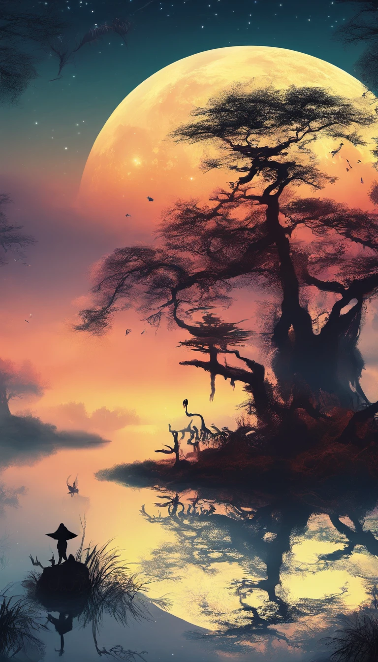 (Tang Feng),(huge moon),Sky Blue Fluorescence,(Taolin),(Lake Mirror),Ultra-long viewing angle,Early morning background,shush、thick mist