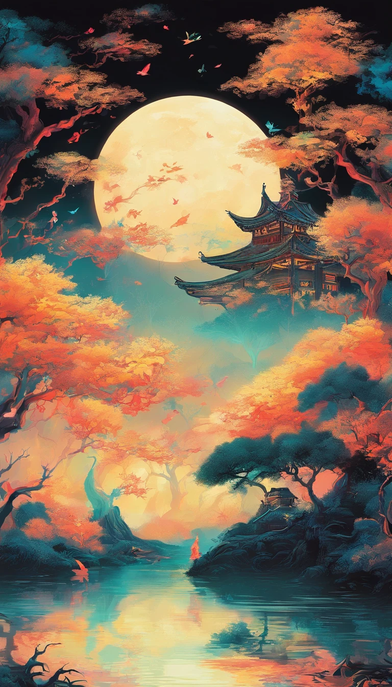 (Tang Feng),(huge moon),Sky Blue Fluorescence,(Taolin),(Lake Mirror),Ultra-long viewing angle,Early morning background,shush、thick mist