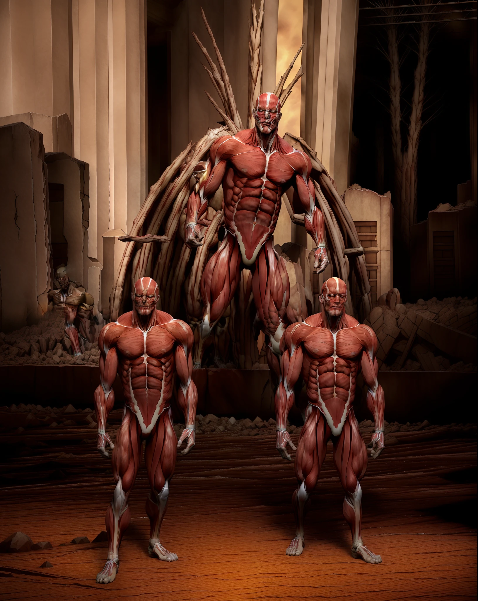 Collosal titans marching through desolate landscape, man, skinless, full body (natyport:0.8, everything is on fire, yellow lighting in the background, realistic, detailed, 8k, "the rumbling from attack on titan" giant skeletal founding titan in the back looming over