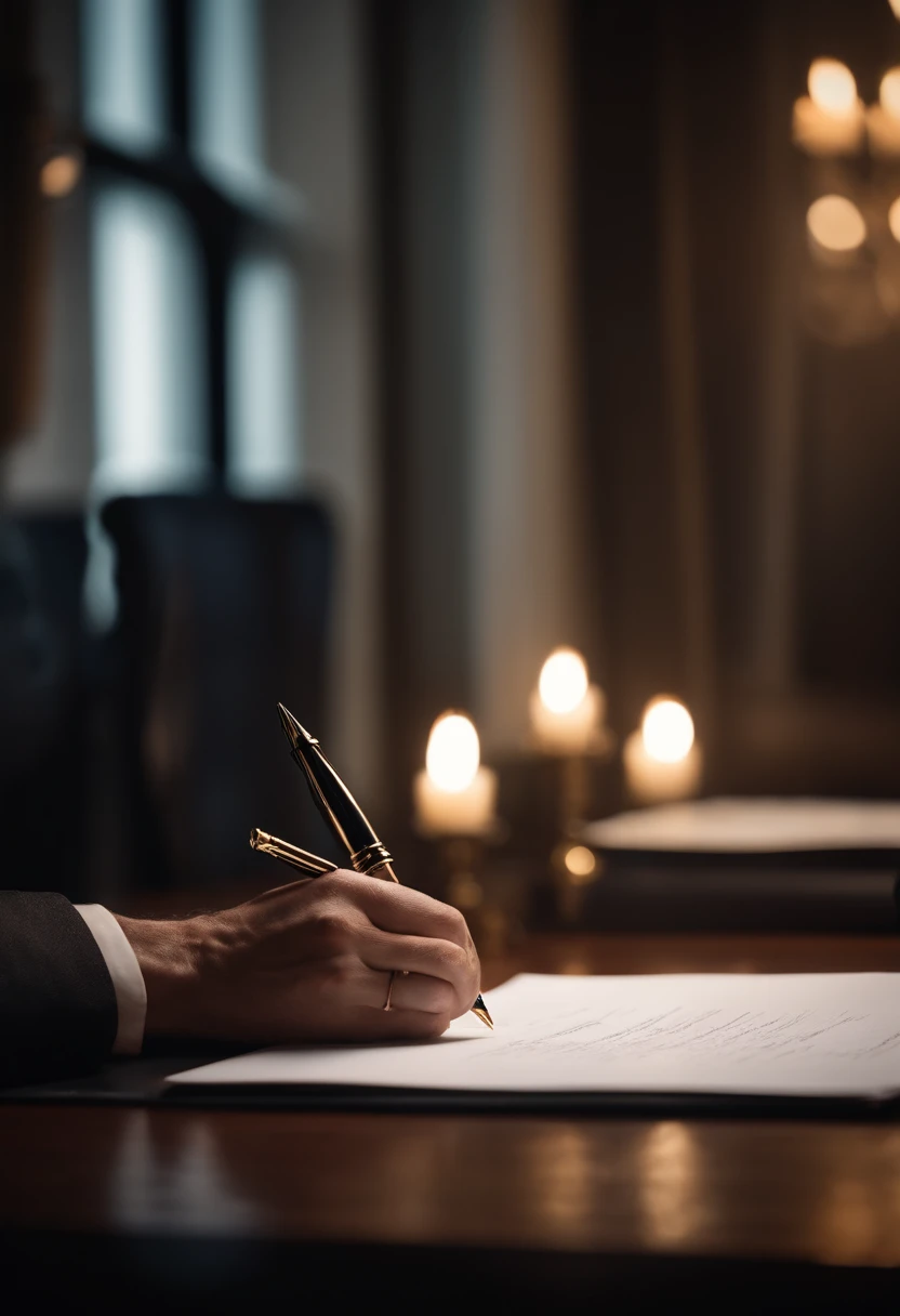 Signing a contract with a person who holds a fountain pen in a nice office with dim light