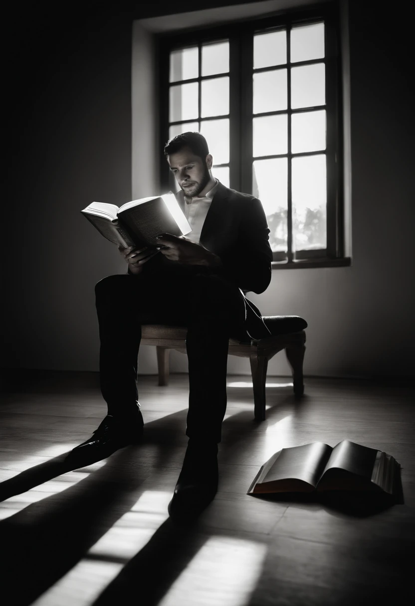 Man sitting on the floor reading a book in the dark with an air of despair, com sombras se aproximando pela parede, e o livro emite uma luz contra as sombras. dramatic reading book pose, imagem assustadora espiritual, emerging from a lamp, luz traseira forte e estranha, leitura, Conhecimento obscuro, luz traseira estranha, Dimly - Iluminado, Ler um livro, fotografia surreal