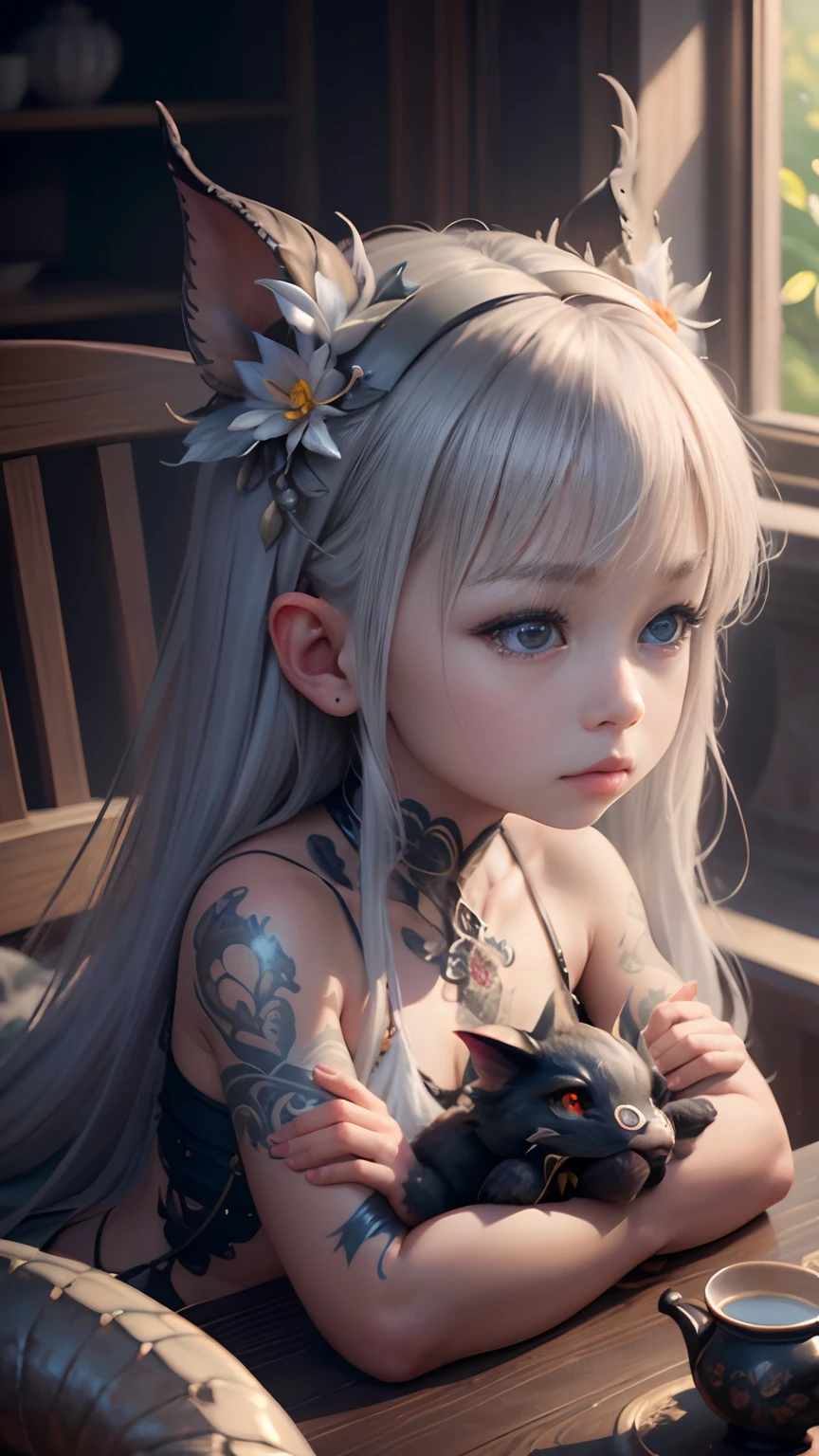 2 girl and cute little dragon with silver scales, Detailed eyes, adolable, concept-art, 复杂, highly detailed digital painting, Smoothness, tack sharp focus, illustratio, Amazing intricate details, Glowing filigree fantasy, A masterpiece of digital art, Center composition, perfect compositions, iintricate, Crazy detail for fine detail octane rendering, 8K, artsy photography, Arte conceptual fotorrealista, Soft natural volume The ideal light for movies, tmasterpiece, oil on the canvas, 复杂、ellegance、highly detailed digital artwork,neck tattoos,tattoos on the arms