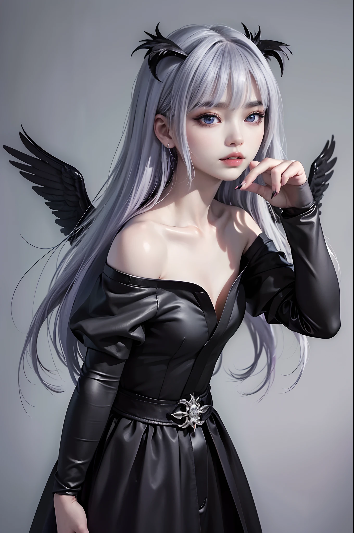 ((4K works))、masterpiece、(top-quality)、((high-level image quality))、((one beautiful women))、Slim body、((Black Y Shirt Fashion))、(Detailed beautiful eyes)、Crow on fantastic city background、((Face similar to Chaewon in Ruseraphim))、((shoulder-length hair))、((bright silver hair))、((Smaller face))、((Neutral face))、((Light blue eyes))、((Korean Women))、((18year old))、((Wild Lady))、((Wild look))、((Show your fangs and laugh))、((Korean makeup with black eyeshadow))、((elongated and sharp eyes))、((Shot alone))、((Fallen Angel))、((Fallen Angel Woman))、Photos of fallen angels、Villain、((amazing photo))、Photographed so that the whole body can be seen、horor、((There is a crow on the right shoulder))、Dark Proof、((Shot diagonally from the side))