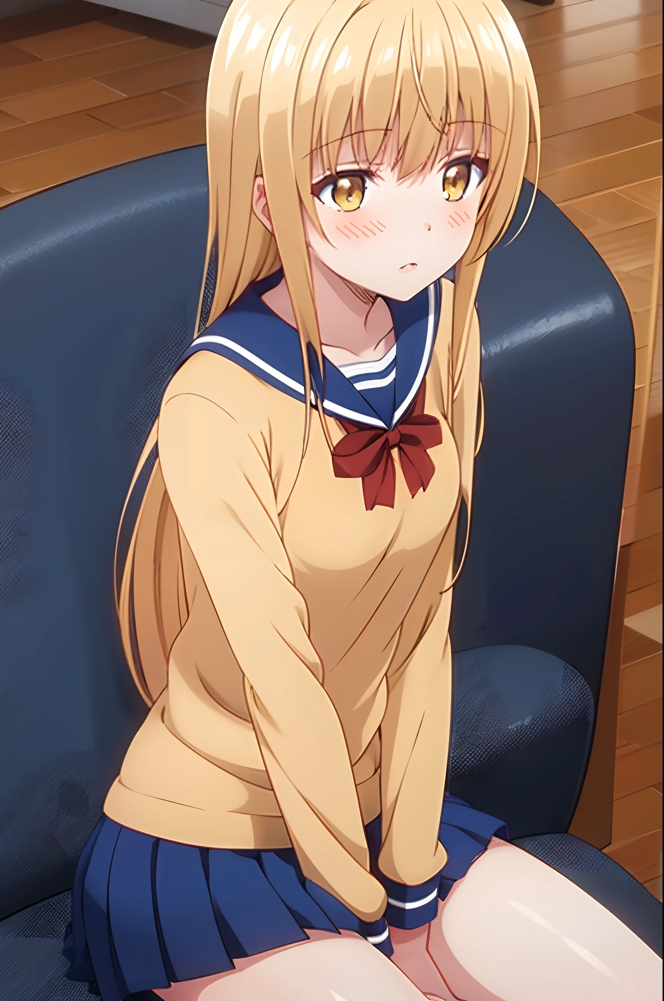 masutepiece, Best Quality, hard disk, 4K, Ultra-high resolution, Extreme Detail, super detailed, Beautiful eyes, Beautiful hair, Beautiful side, Beautiful skin,Dutch Angle, authenticity, Mahiru Shiina, Blonde, Golden Eyes,School uniform, serafuku, pleatedskirt, Sailor's neck, White shirt,Wet clothes, Small breasts, Thigh, sit,Spread your legs towards the viewer, ,Arms spread forward and arms, Ahegao, blush, Shyness,His eyes were shining, POV,