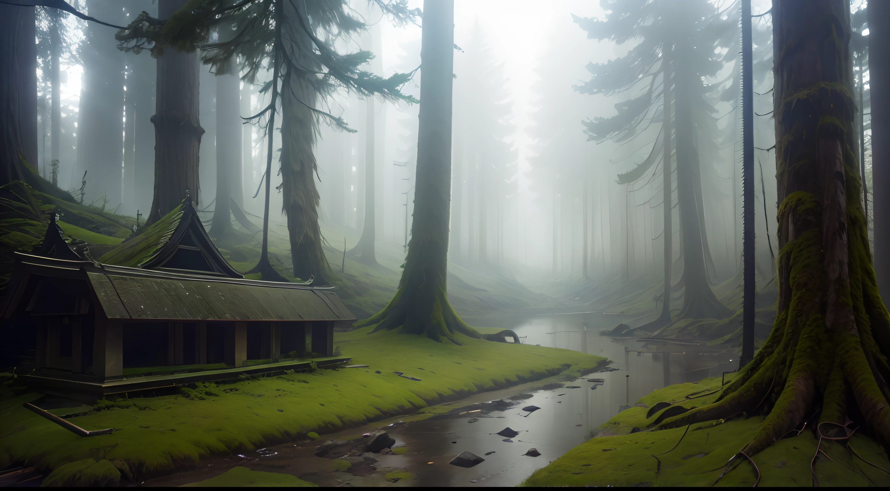 landscapes、Sea of trees、Foggy、Nature seen from below、Relics that fell to the ground and grew moss