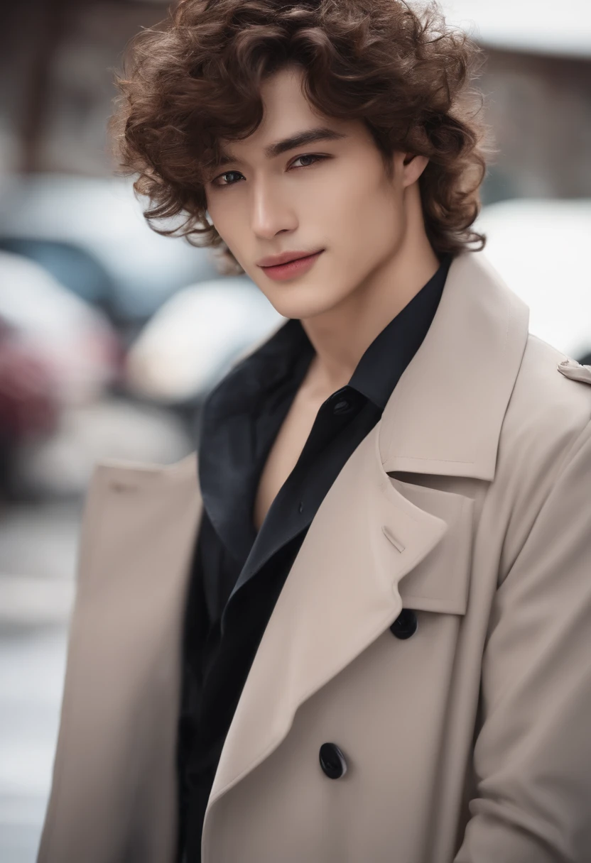 with curly brown hair, 黑The eye, Beauty mole, cool guy, Brown hair, Hairline, Seductive smile, hyper HD, Black trench coat, white skinned, High detail