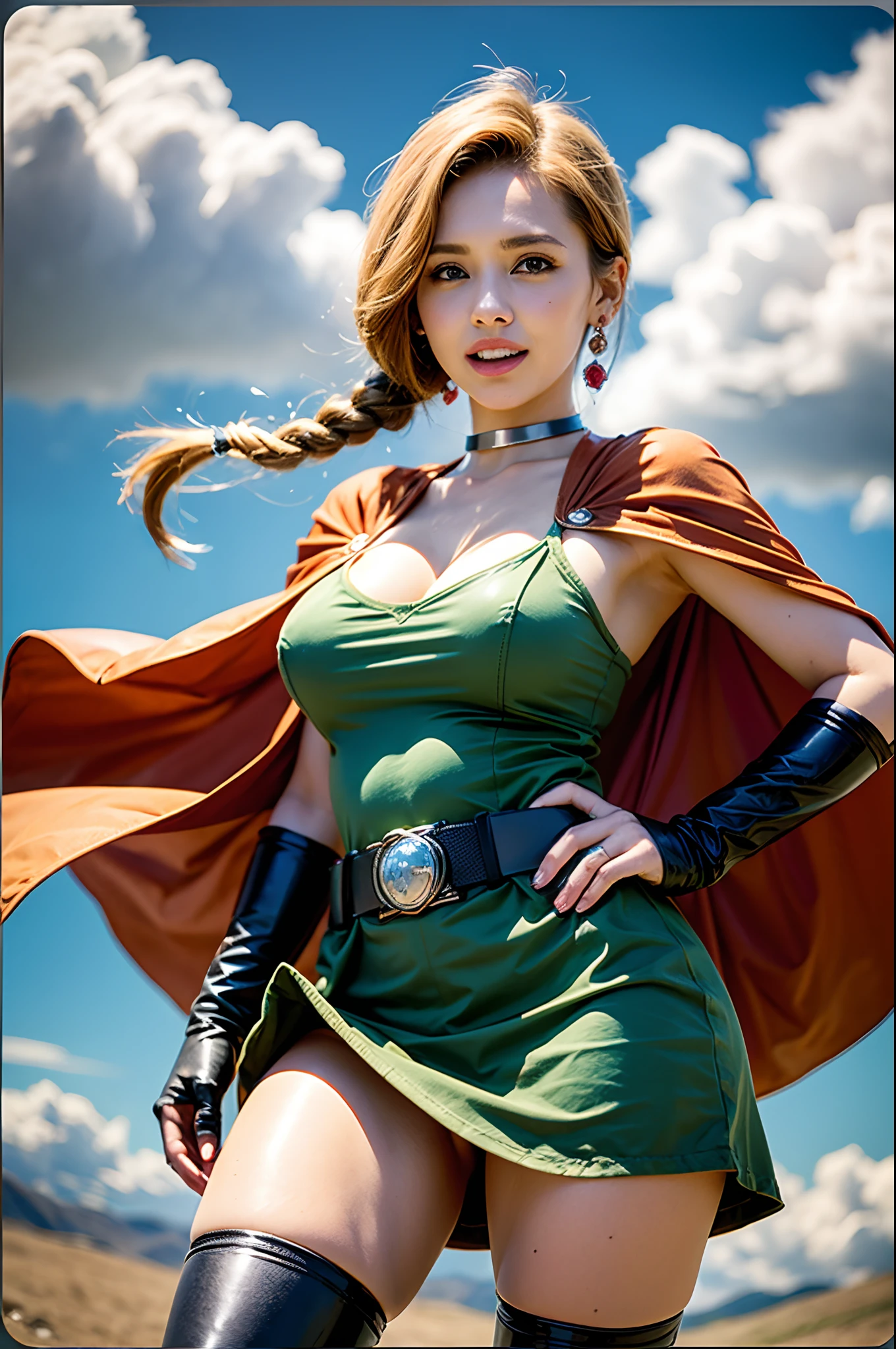 masutepiece, Best Quality, DQ Bianca, Single braid, earrings, Choker, Orange Cape, Green dress, Belt bag, Looking at Viewer, Large breasts, hands to hips, long boots, Smirk, Open mouth, furrowed brow, Smile, skyporn, Clouds, fields