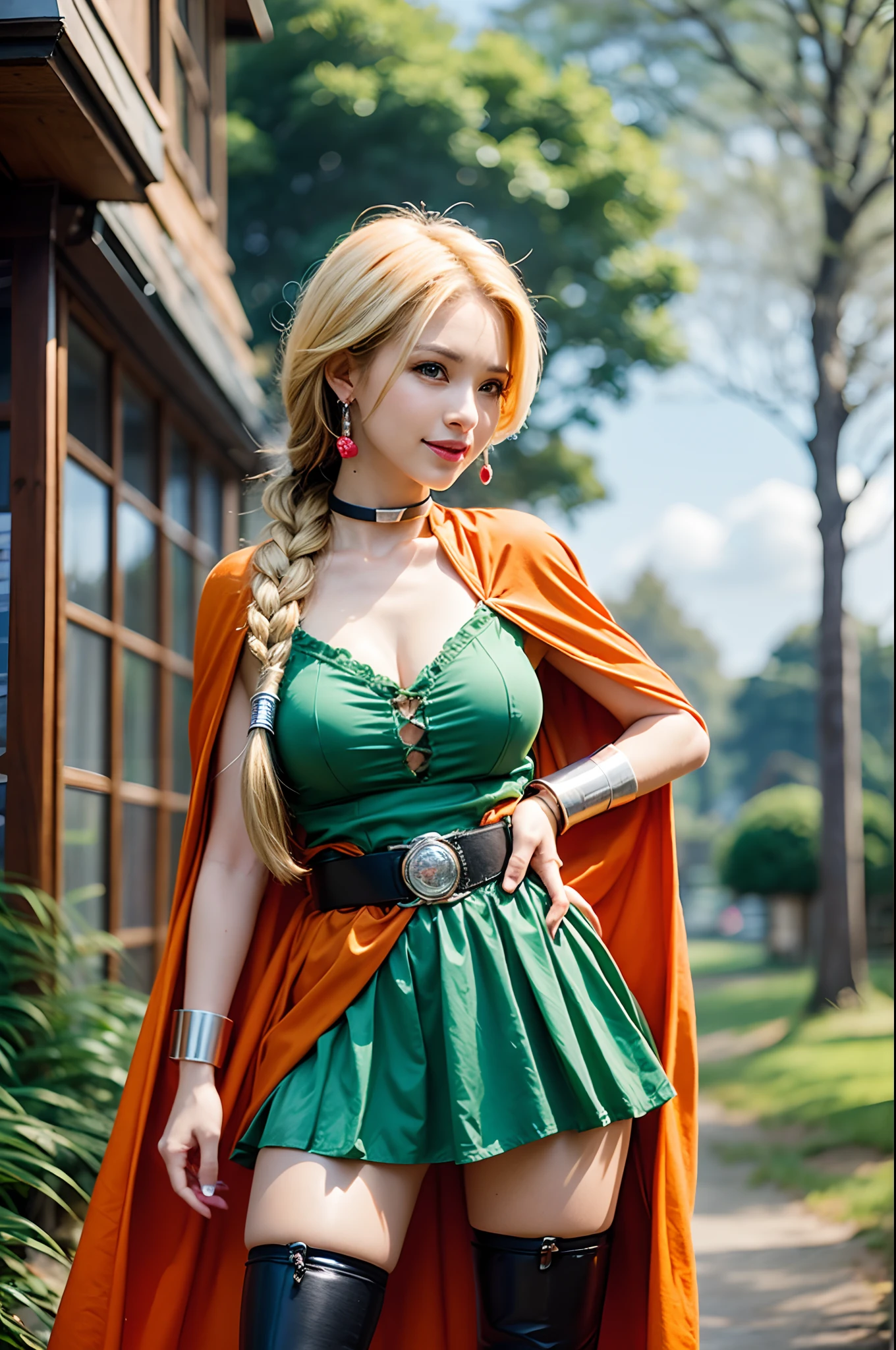 masutepiece, Best Quality, DQ Bianca, Single braid, earrings, Choker, Orange Cape, Green dress, Belt bag, Looking at Viewer, Large breasts, hands to hips, long boots, Smirk, Open mouth, furrowed brow, Smile, skyporn, Clouds, fields