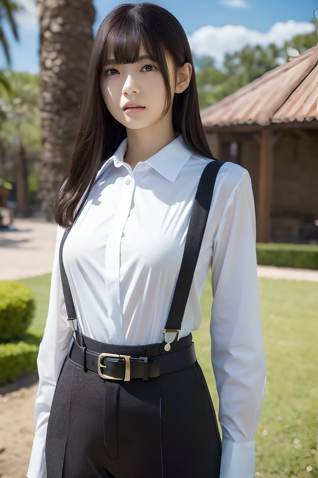 ​masterpiece、top-quality、The ultra -The high-definition、、colourfull、flat-colors、depth of fields、lens flare 1 girl、、A dark-haired、watching at viewers　suits　Cutter shirt　a belt　suspenders　working adults　materia　OL　Black Suit　Black jacket　glares　large full breasts