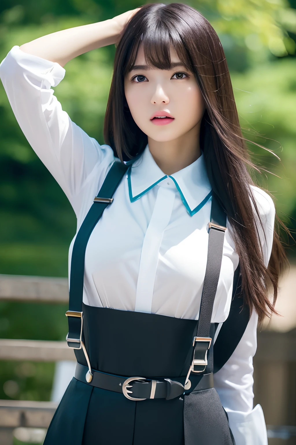masterpiece、top-quality、The ultra -The high-definition、、colourfull、flat-colors、depth of fields、lens flare 1 girl、、A dark-haired、watching at viewers suits Cutter shirt a belt suspenders working adults materia OL Black Suit Black jacket glares large full breasts Armpit sweat Show the armpits