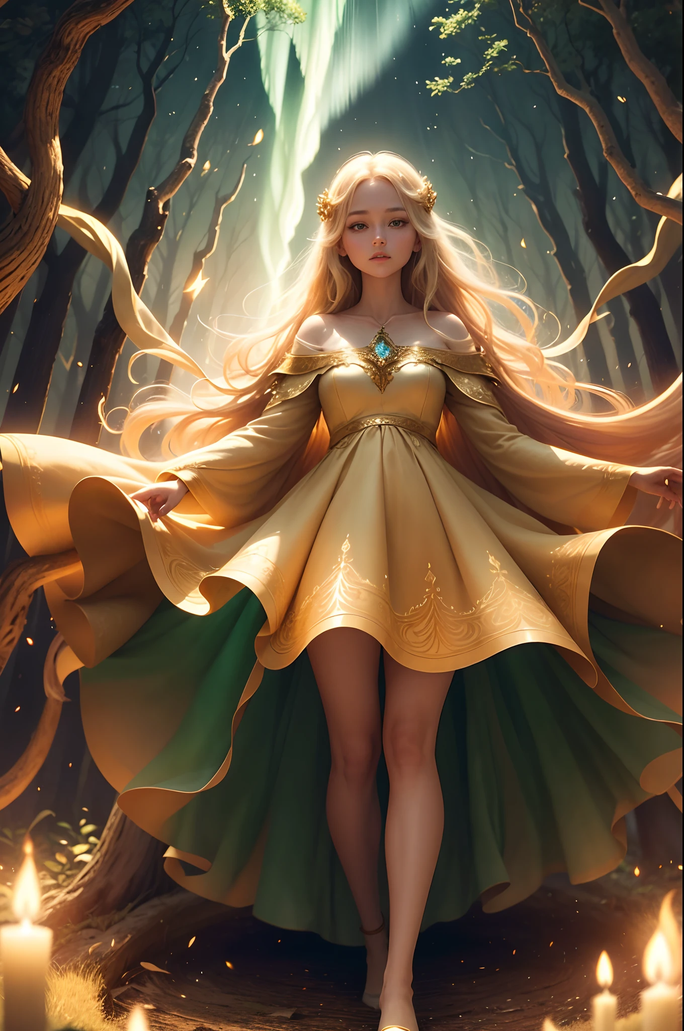 "Aurora was surrounded by a golden glow as she made her wish. She felt a magical energy coursing through her body, and in the blink of an eye, she found herself in a completely different place, in an enchanted forest."