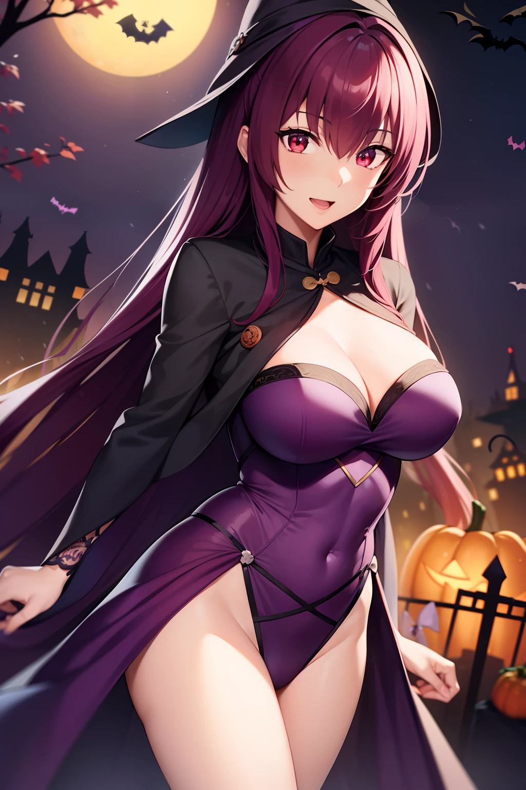 scathach, scathach, Long hair, Purple hair, (Red Eyes:1.5), looking at the viewers, BREAK (masutepiece:1.2), Best Quality, High resolution, Unity 8k壁纸, (Illustration:0.8), (Beautiful detailed eyes:1.6), extra detailed face, Perfect Lighting, extremely details CG, (Perfect hands, Perfect Anatomy),Smile with open mouth、is standing、(tight gap:1.2)、(Halloween:1.2)、