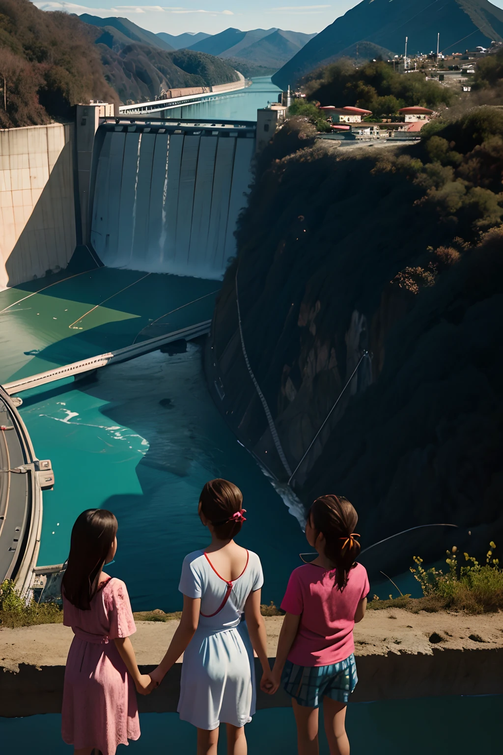 realista, una familia. Mujer, Man and two children looking at the landscape with their backs to the river, and in the background a hydroelectric dam being built