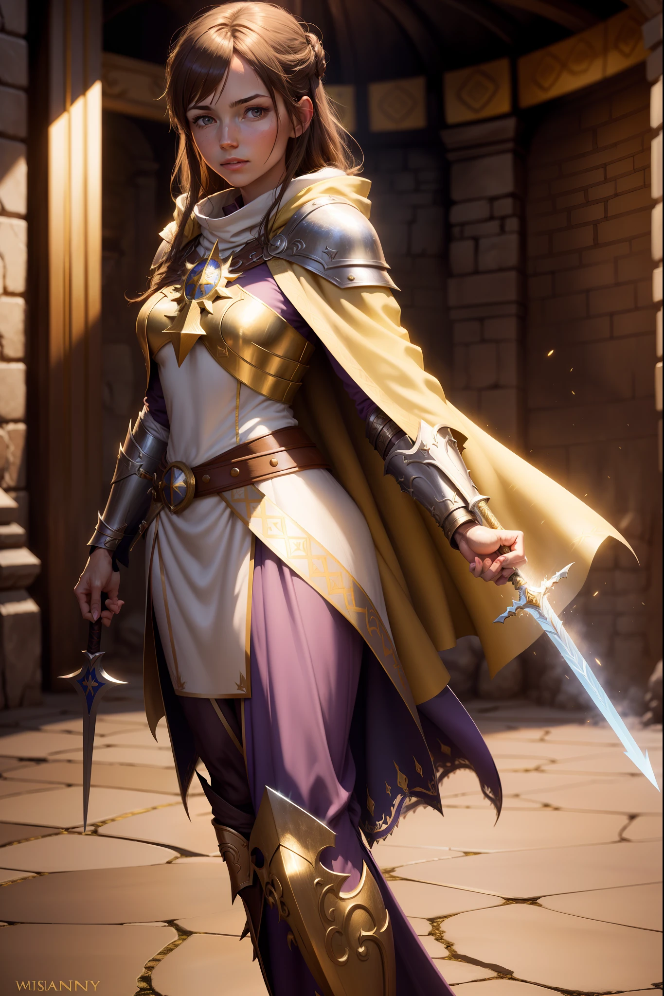 Knight in yellow cloak holding a sword in front of crowd, wojtek fus, female cleric, Spell Break, cleric, epic mage girl character, portrait of a female mage, pretty female cleric, unreal engine fantasy art, gold and white cloak, picture of a male cleric, picture of female paladin, steel inquisitor from mistborn, Wearing a mage's robe