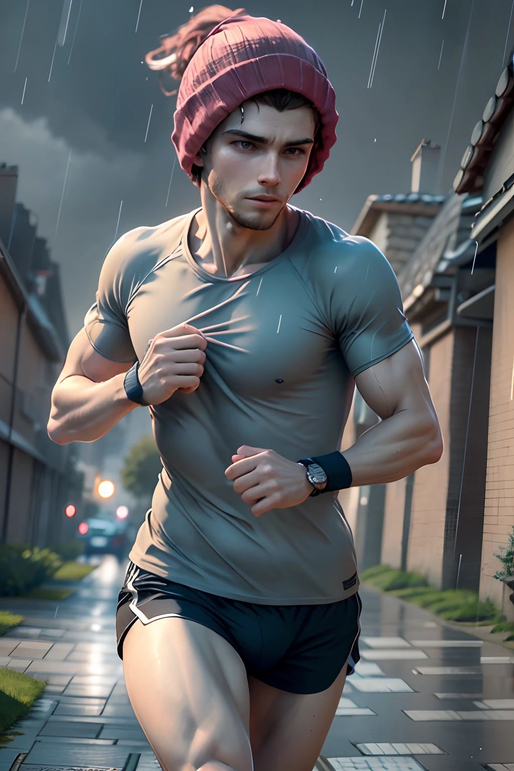 homme sportif en t-shirt et short faisant son footing sous la pluie alors qu'il fait encore nuit