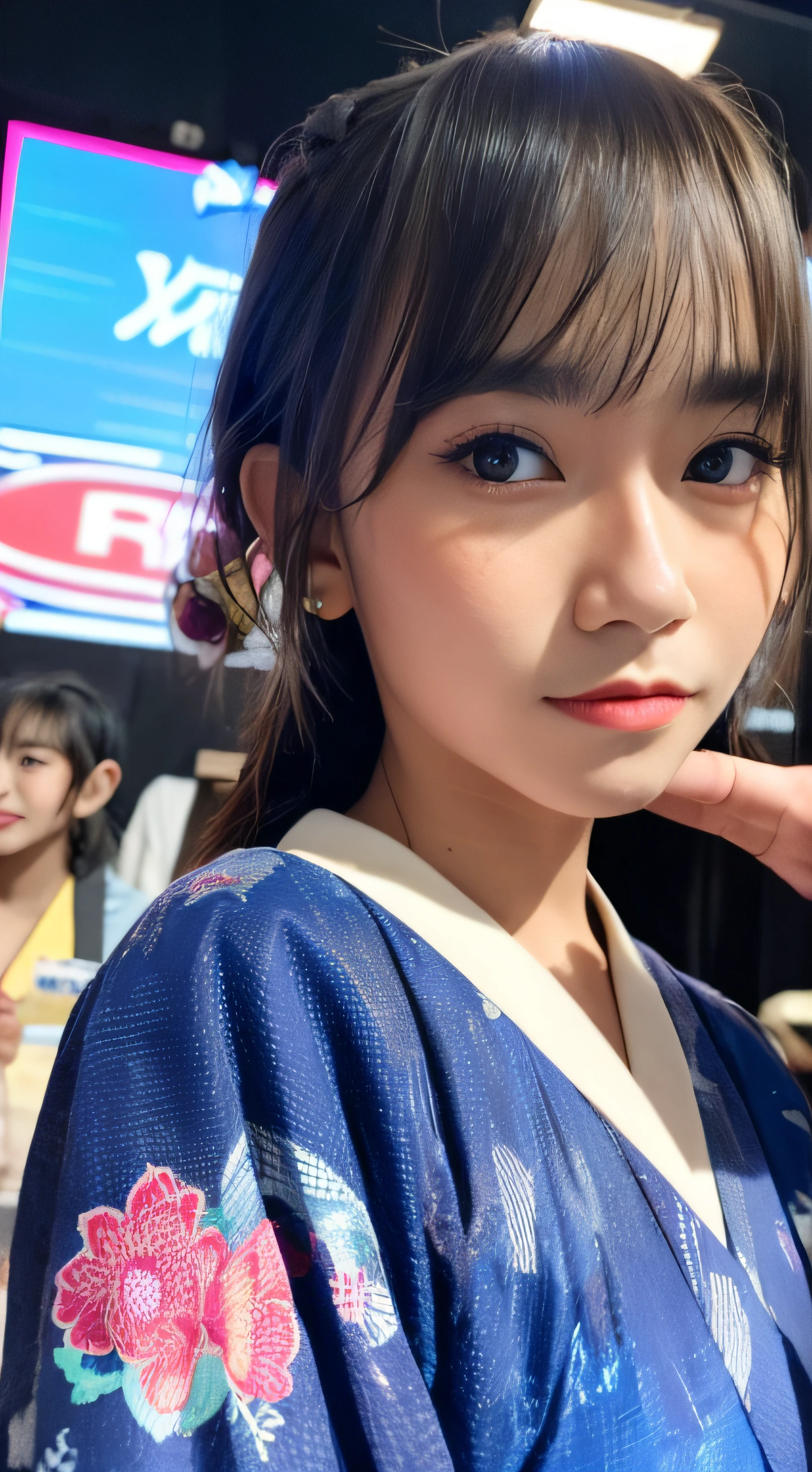 freya from JKT48, idol, indonesian girl,wearing a yukata, close up, looking at camera, cinematic, sharp lense, professional photographie, 70mm lense, soft light, colorful background, 4k