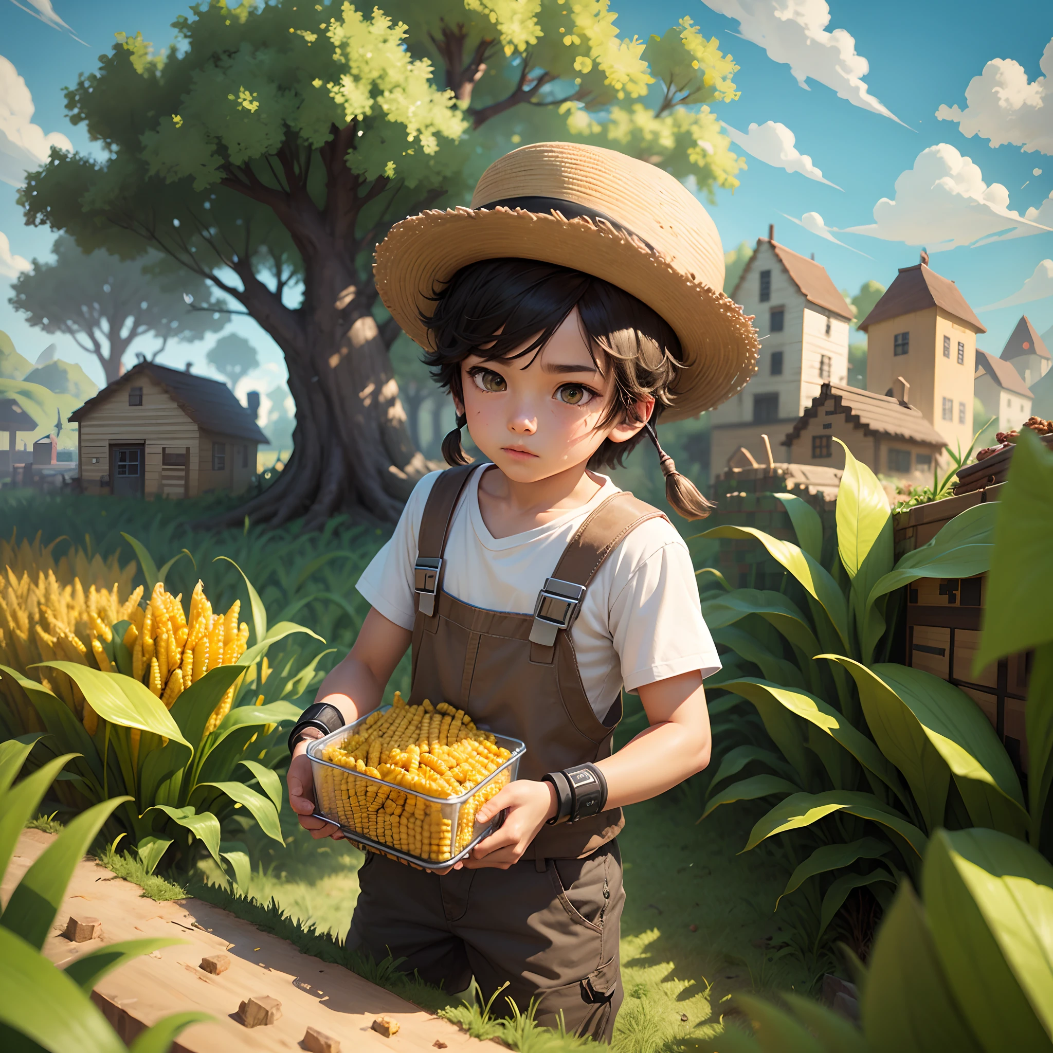 A boy harvesting corn, Minecraft style. --auto --s2