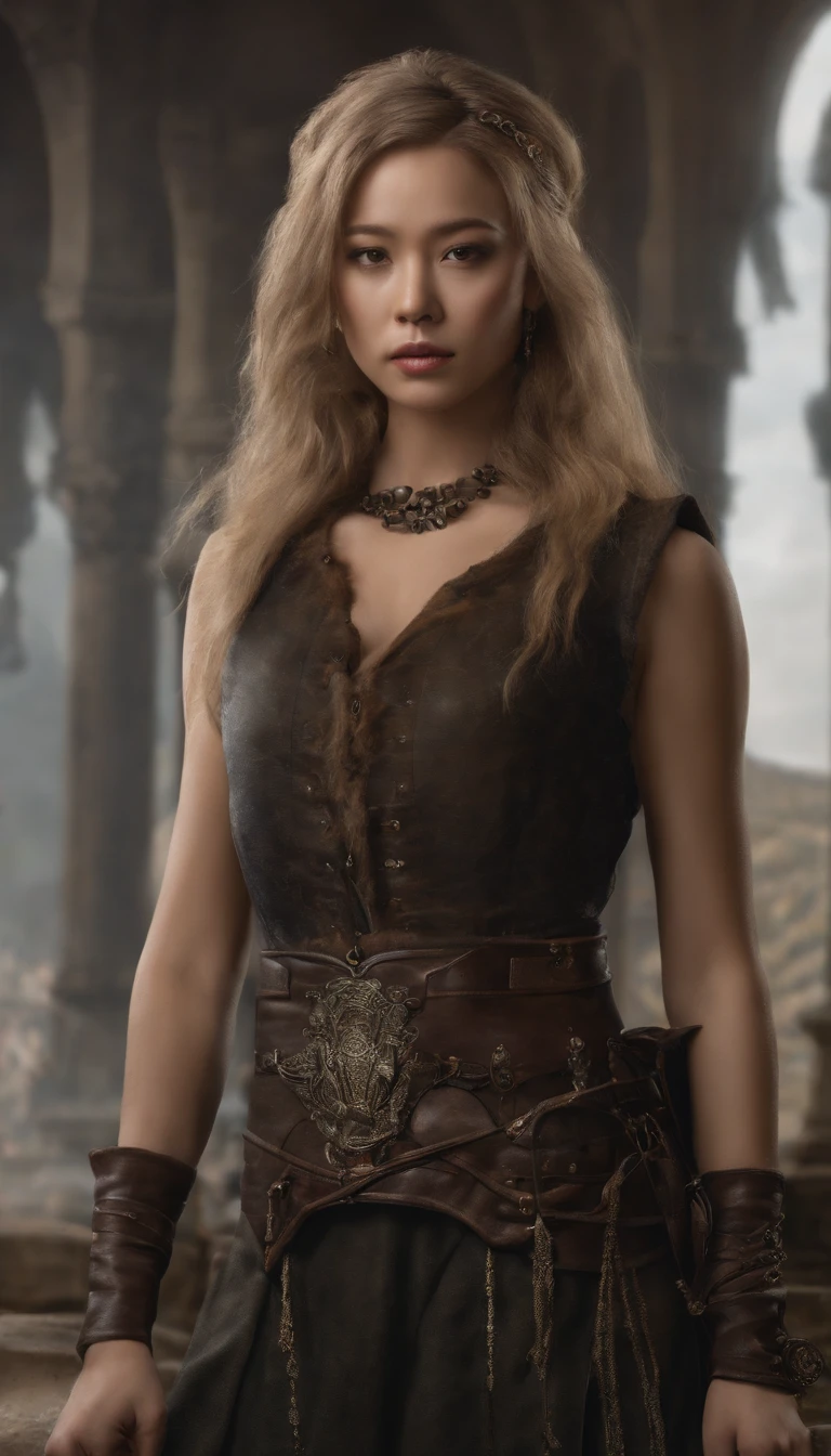 A Korean girl with a gothic sleeveless t-shirt, wearing a leather skirt, standing at a height of 175cm. She has a beautiful face with long ponytail braided hair. She is wearing high heels. The image has the best quality, with realistic lighting. The medium used for the artwork is illustration. The image is ultra-detailed, with vivid colors and sharp focus. The overall style of the image is portraits, with a color tone that emphasizes realism.