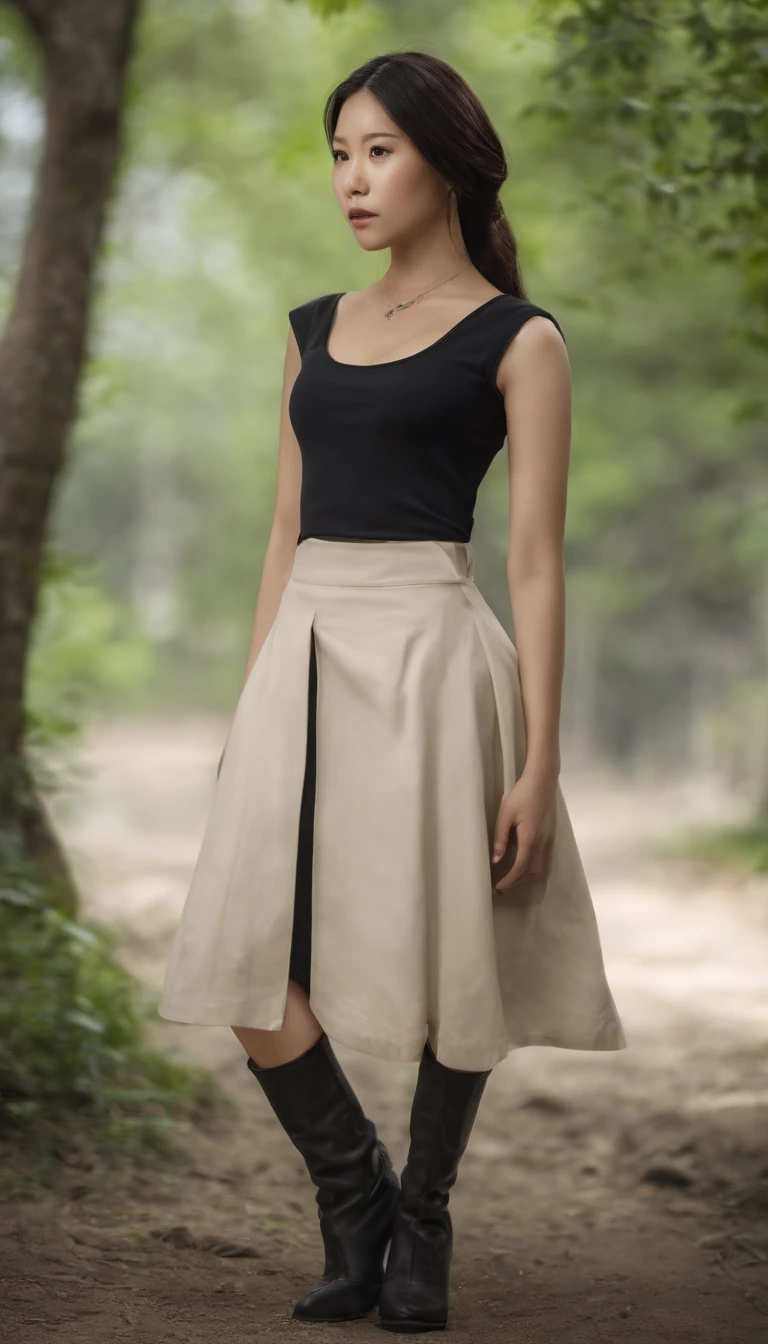 A Korean girl with a gothic sleeveless t-shirt, wearing a leather skirt, standing at a height of 175cm. She has a beautiful face with long ponytail braided hair. She is wearing high heels. The image has the best quality, with realistic lighting. The medium used for the artwork is illustration. The image is ultra-detailed, with vivid colors and sharp focus. The overall style of the image is portraits, with a color tone that emphasizes realism.