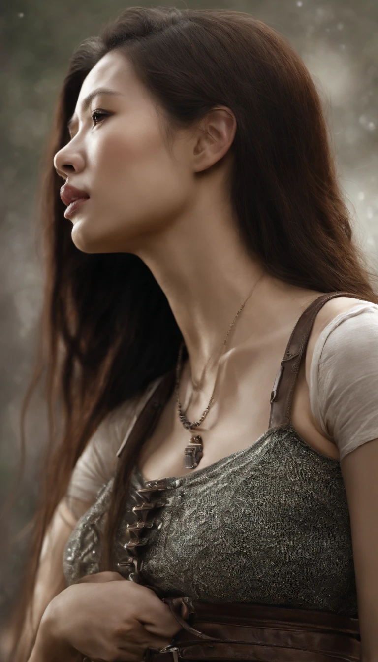A Korean girl with a gothic sleeveless t-shirt, wearing a leather skirt, standing at a height of 175cm. She has a beautiful face with long ponytail braided hair. She is wearing high heels. The image has the best quality, with realistic lighting. The medium used for the artwork is illustration. The image is ultra-detailed, with vivid colors and sharp focus. The overall style of the image is portraits, with a color tone that emphasizes realism.