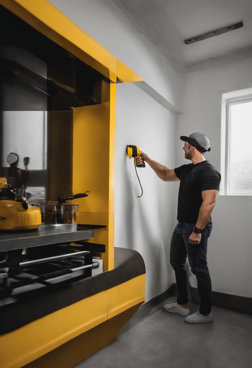 Esta imagem mostra uma pessoa trabalhando em uma unidade de ar condicionado. The person is wearing a black cap and a gray T-shirt. The person is using a yellow screwdriver to work on the unit. The unit is white and is mounted on a white wall. There is a gray conduit that exits the unit to the left side of the image. There is no text in the image.