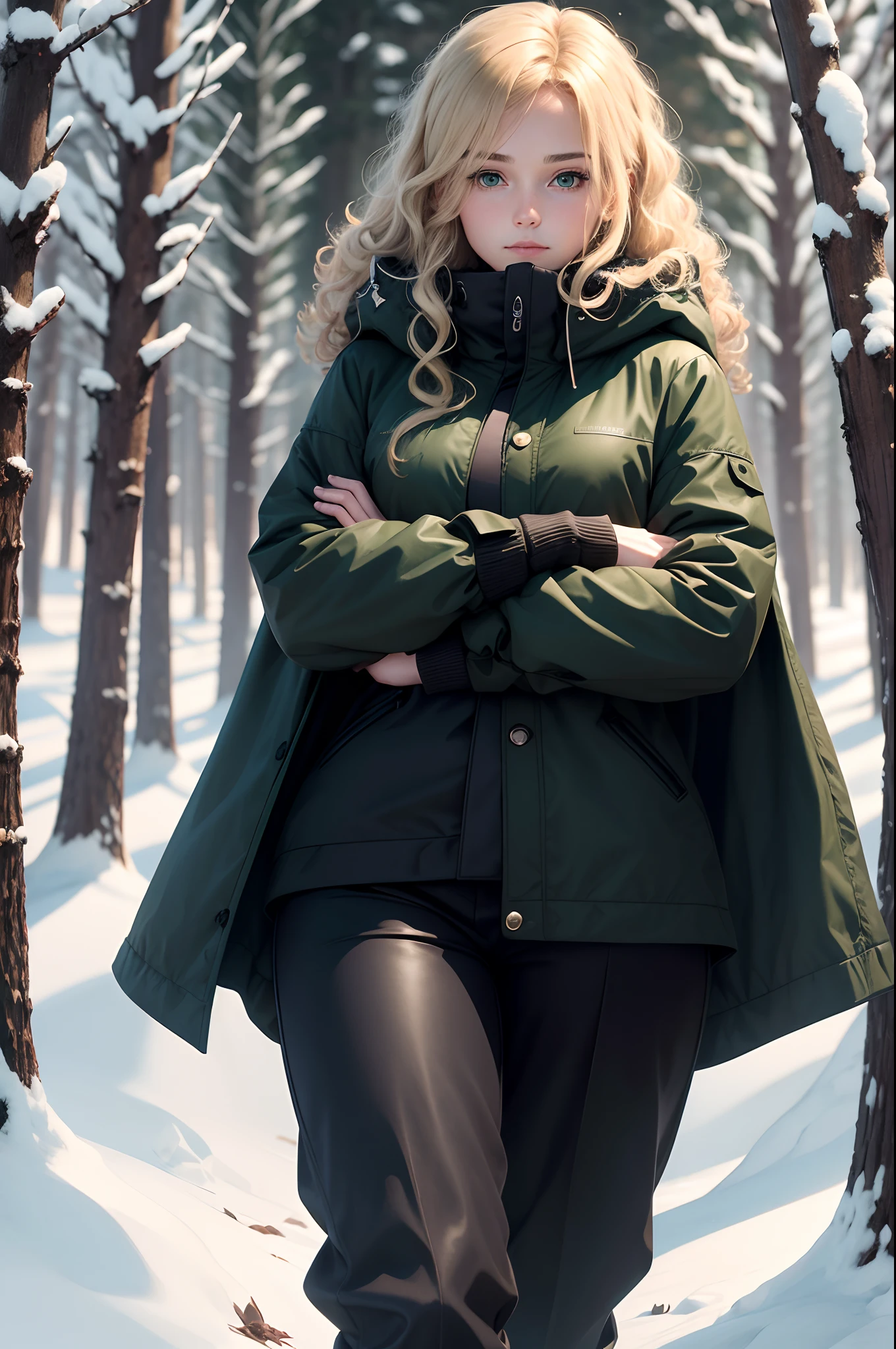 realistic, 8k image of a 15 year old girl, curly blonde hair, beautiful, extremely detailed green eyes, dressed in a black coat and black pants, arms crossed in an open field in a snow-covered forest, morning, anime style art