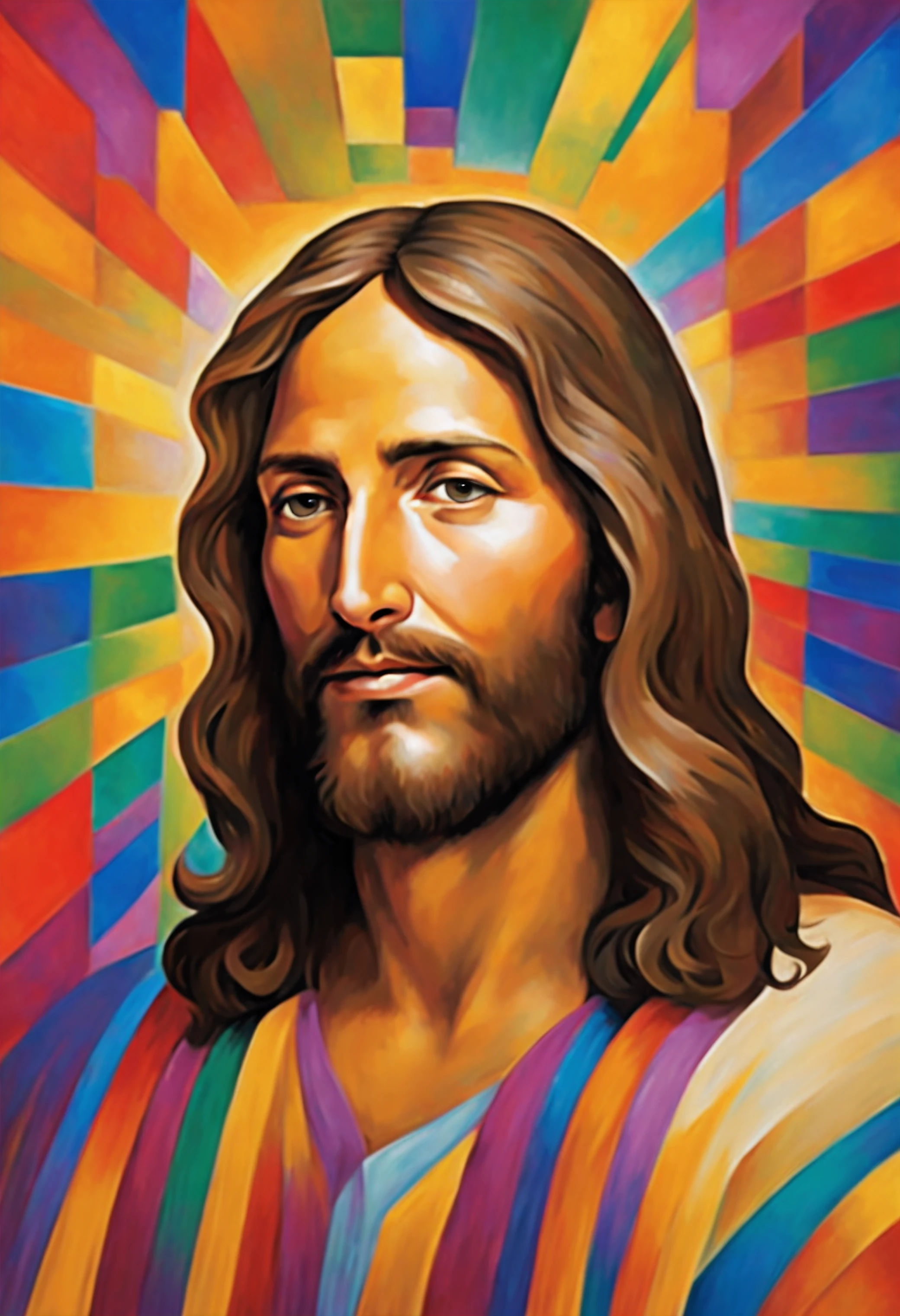arte de cordas, Um retrato de Jesus Cristo com cabelo colorido, Joyful expression, acolhedora, on a multidimensional geometric wall background PORTRAIT, Arte Ayahuasca, a detailed painting by Tom Wänerstrand, Flickr, Arte peluda, uma pintura de jesus cristo, Jesus of Nazareth detailed, JESUS SALVADOR. Pintura digital, cheio de cores e detalhes ricos, pintura de retrato de jesus, design de jesus, cores
