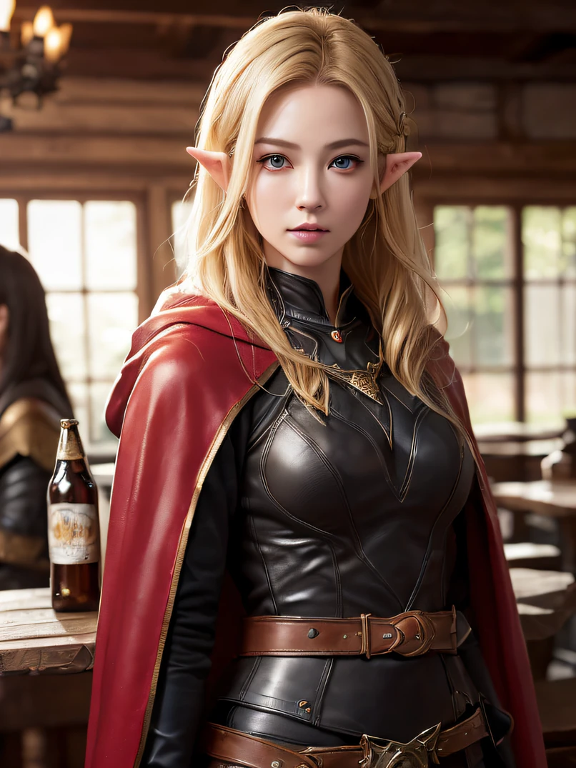 (Skindent:1.5)、realisitic、Photorealsitic、masterpiece、concept-art、intricate detailes、high-detail、octane renderings、dynamicposes、top-quality、Hi-Res、depth of fields、Particle、(a small face、Lifelike face:1.1, A hyper-realistic:1.1)、((1girl in、a closeup、tall、bustshot、A detailed eye、high quality eyes、face with high quality, shinny skin、Shiny face、embarrassed from、red blush:0.8、blue eyess))、Rustic tavern interior in the background、Beer bottles、细致背景、Wooden bar table blurred as foreground、Cheerful fantasy atmosphere、(((elvish、blonde hair、perfect hand)))、(Dagger wielder、Very complex red cloak、black leather armor、Leather Belt、long boots、Black Gloves、bracers))、 Dark Fantasy、Detailed hand depiction