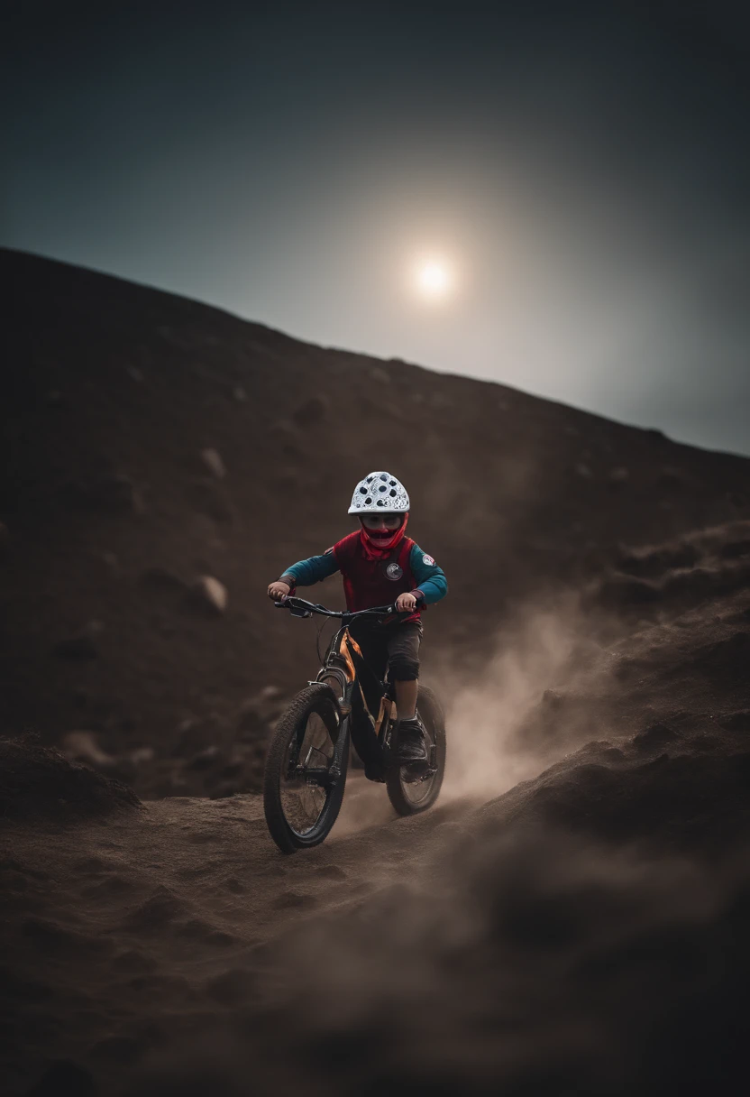 boy riding mountain bike on the moon wearing halloween costume