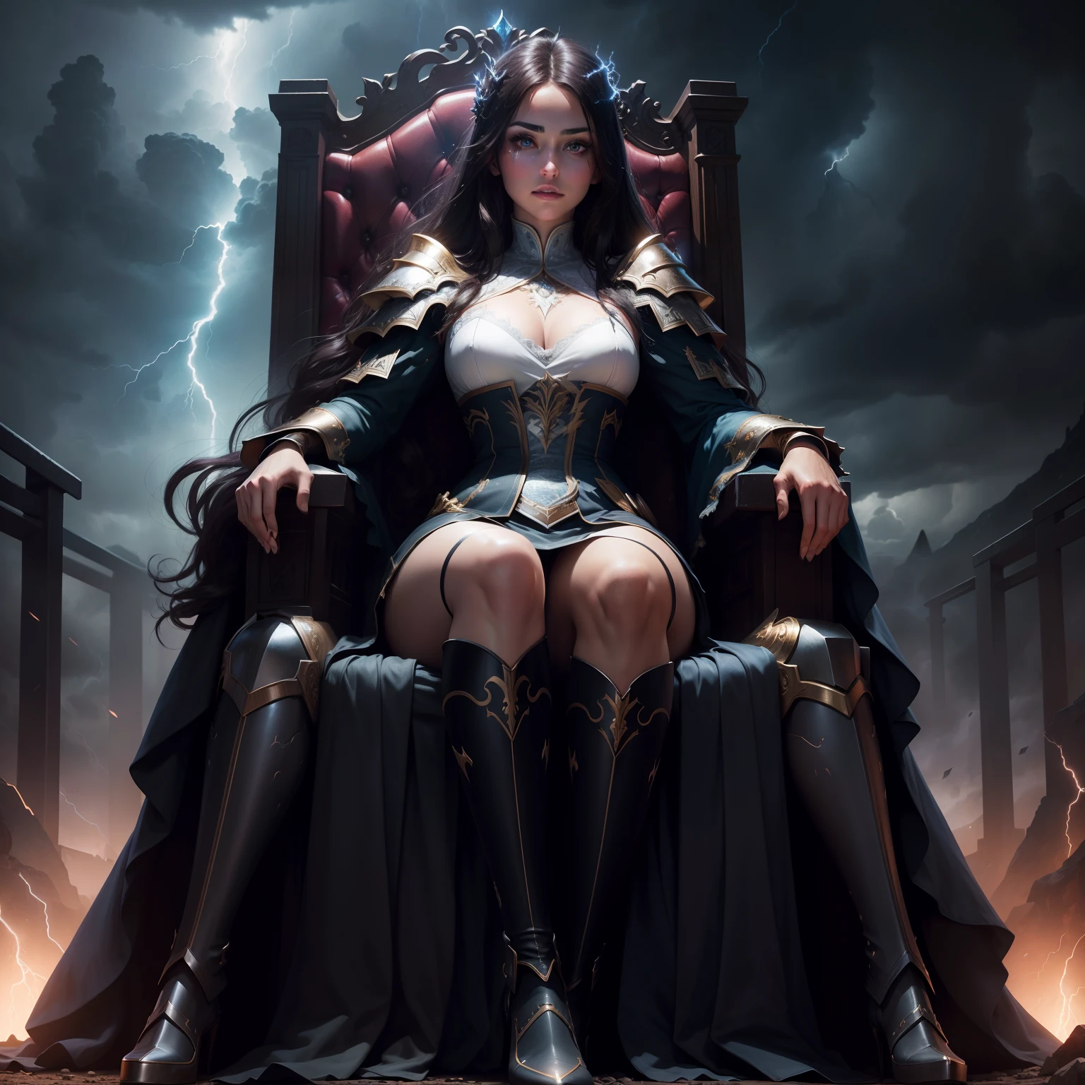 princesse sexy face glowing eyes face portrait with thunder storm Epic full body outfit sitting inGreat Legendary throne hyper realistic super detailed Dynamic pose Dynamic shot master piece