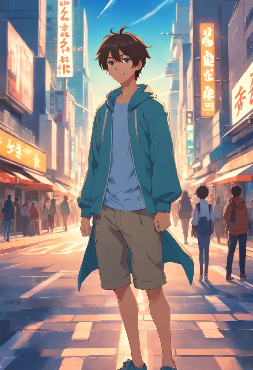 A boy, transformed into an anime style, with exaggerated unique facial features and clothing, standing on a bustling city street, backlit background highlighting the subject, high-contrast colors, 4K high-definition quality，young, smiling, handsome