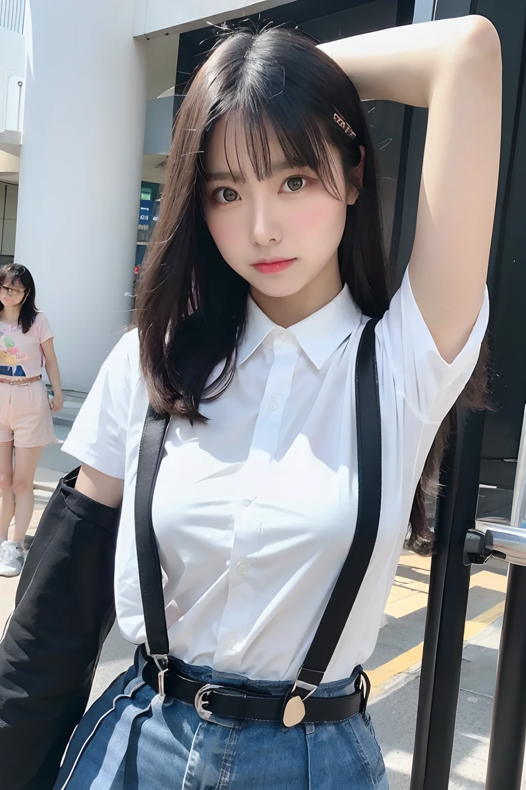 Top Quality, Photorealistic, 8k, High Definition, 1 Girl, Female, (Medium: 1.8), Car interior, Uniform, Skirt up, Legs showing, Knees bent and legs open, Slightly shorter hairstyle, Stockings, Diagonal angle, Showing breasts, Breasts showing
