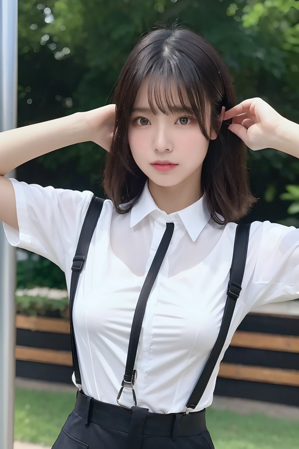 masterpiece、top-quality、The ultra -The high-definition、、colourfull、flat-colors、depth of fields、lens flare 1 girl、、A dark-haired、watching at viewers suits Cutter shirt a belt suspenders working adults materia OL Black Suit Black jacket glares large full breasts Armpit sweat Show the armpits