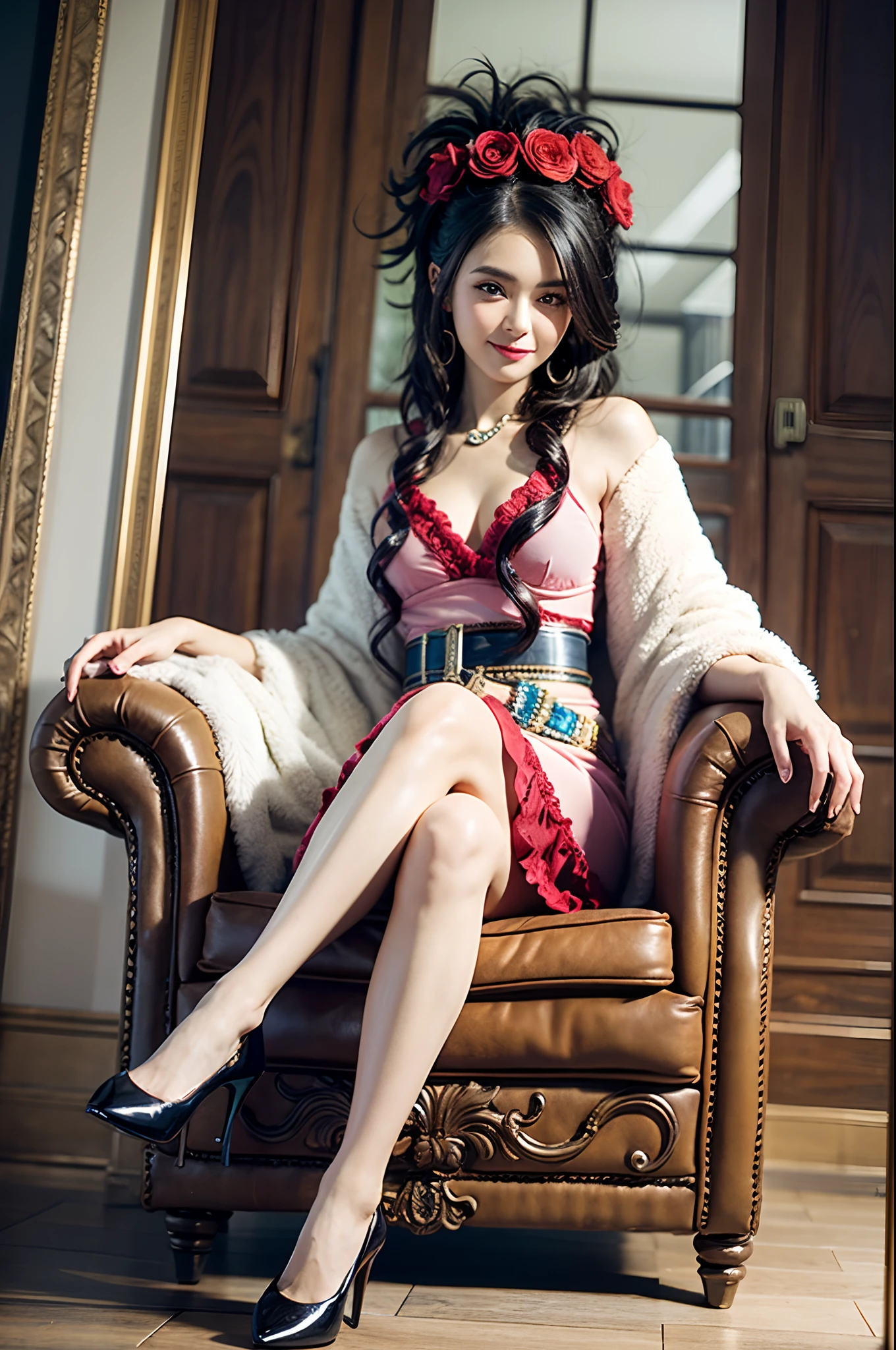 masutepiece, Best Quality, deborah, Hair Flower, Featherboa, Pink dress, Belt bag, high-heels, furrowed brow, mansion, red velvet, Fancy chair, Sitting, Looking at Viewer, Smile, From below