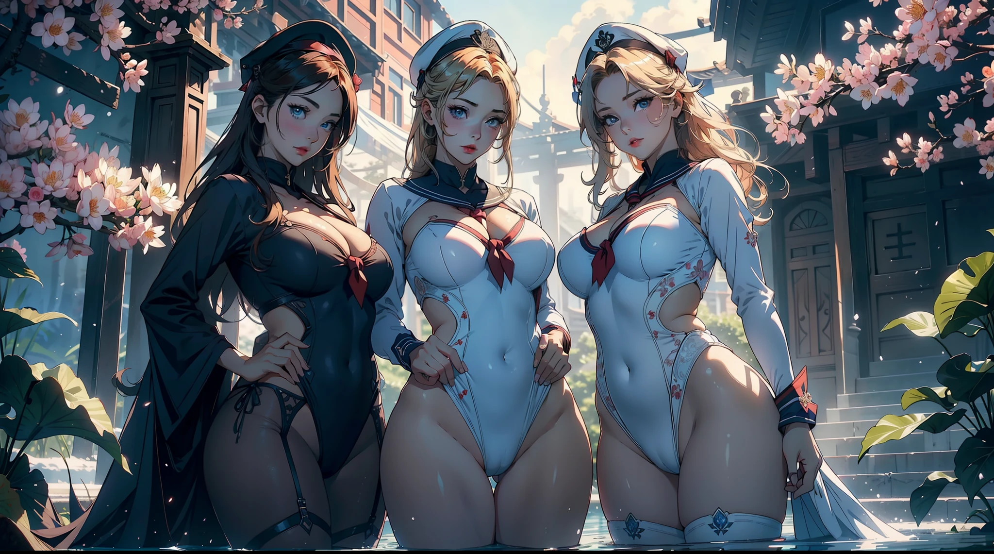 6 females，Stand in a row，Beauty contests，sexyposture，Married Woman，A MILF，熟妇，mature，extremely large bosom，plumw（Background with：Mare，Cherry blossom forest，lotus flower）Lie underwater， She has short blonde hair，cabelos preto e longos，bobo head，seen from the front，mostly cloudy sky，（（（tmasterpiece），（Very detailed CG unity 8K wallpaper），best qualtiy，cinmatic lighting，detailed back ground，beatiful detailed eyes，Bright pupils，Blue eyes，Snow-whiteskin，Redlip（Very fine and beautiful），（Beautiful and detailed eye description），ultra - detailed，tmasterpiece，））facing at camera，A high resolution，ultra - detailed），revealing breasts，Bare genitalia，  Bulge，legs are open，Raised sexy，Camel toes，Desire for dissatisfaction，frontage，The upper part of the body（Wearing ：a sailor suit，Sailor's cap）