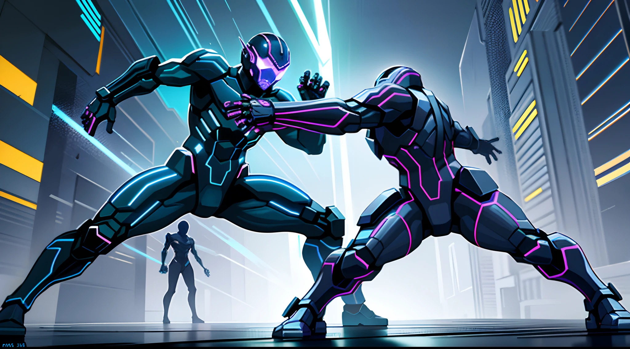 Background: Set the scene on a futuristic, neon-lit city rooftop with rain-slicked surfaces.
Characters: Two agile fighters, one with cyberpunk attire and the other in a sleek, black suit, stand in a standoff.Male Character (Cyberpunk Attire):

Description: He's a young man with a cyber-enhanced arm, clad in futuristic armor with glowing LED patterns.
Speed: Lightning-fast reflexes and moves with the grace of a parkour expert.
Weapon: Dual energy blades extending from his cybernetic armCharacter Movement: At lightning speed, they engage in a high-intensity exchange of blows, dodging with fluid acrobatics.
Animation Style: Utilize A-1 Pictures' signature style to showcase dynamic motion and impactful choreography.